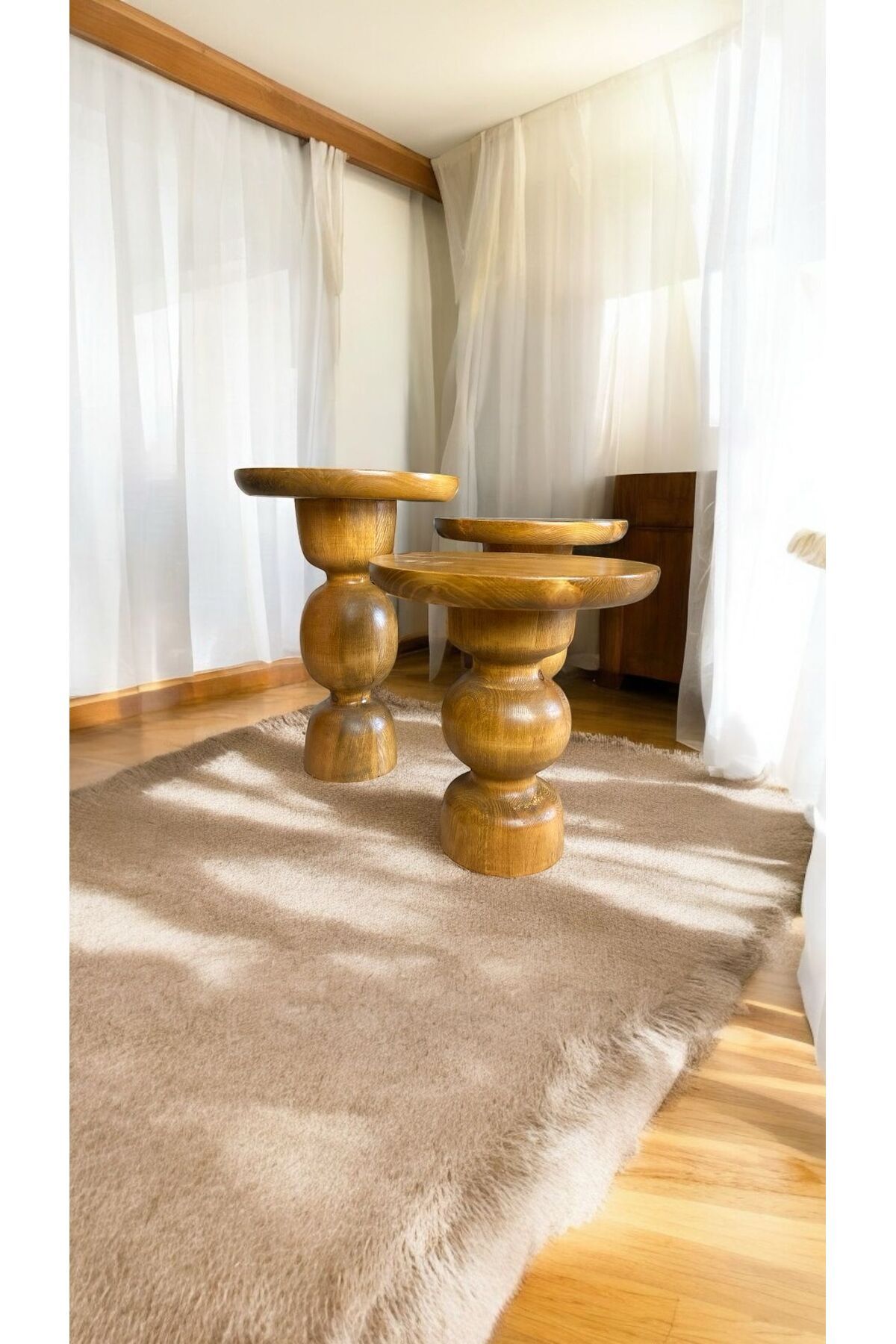 Simillo Home&Living Wood Wooden Ahşap 3’lü Set Mantar Yan Sehpa Modern Renk Fiskos