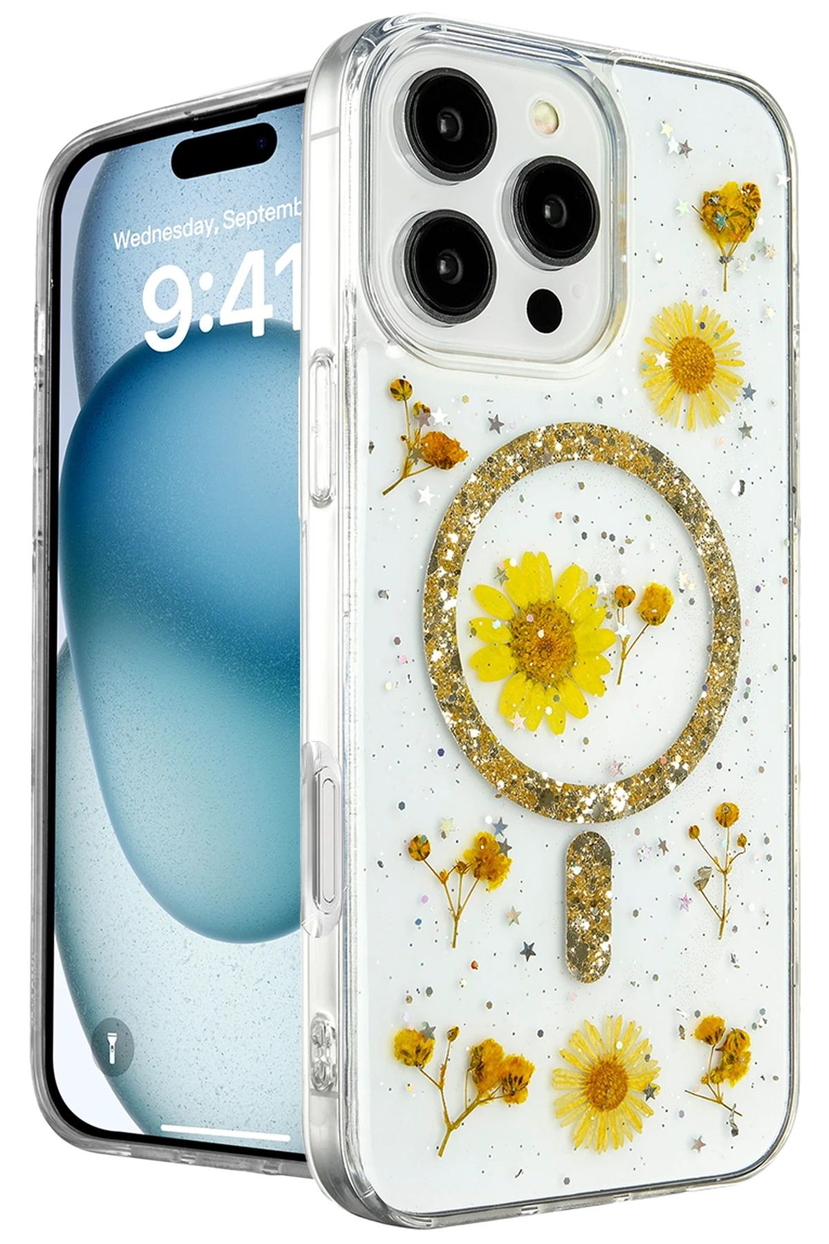 NewFace iPhone 16 Pro Kılıf Daisy Simli Magsafe Kapak - Gold JOJUA