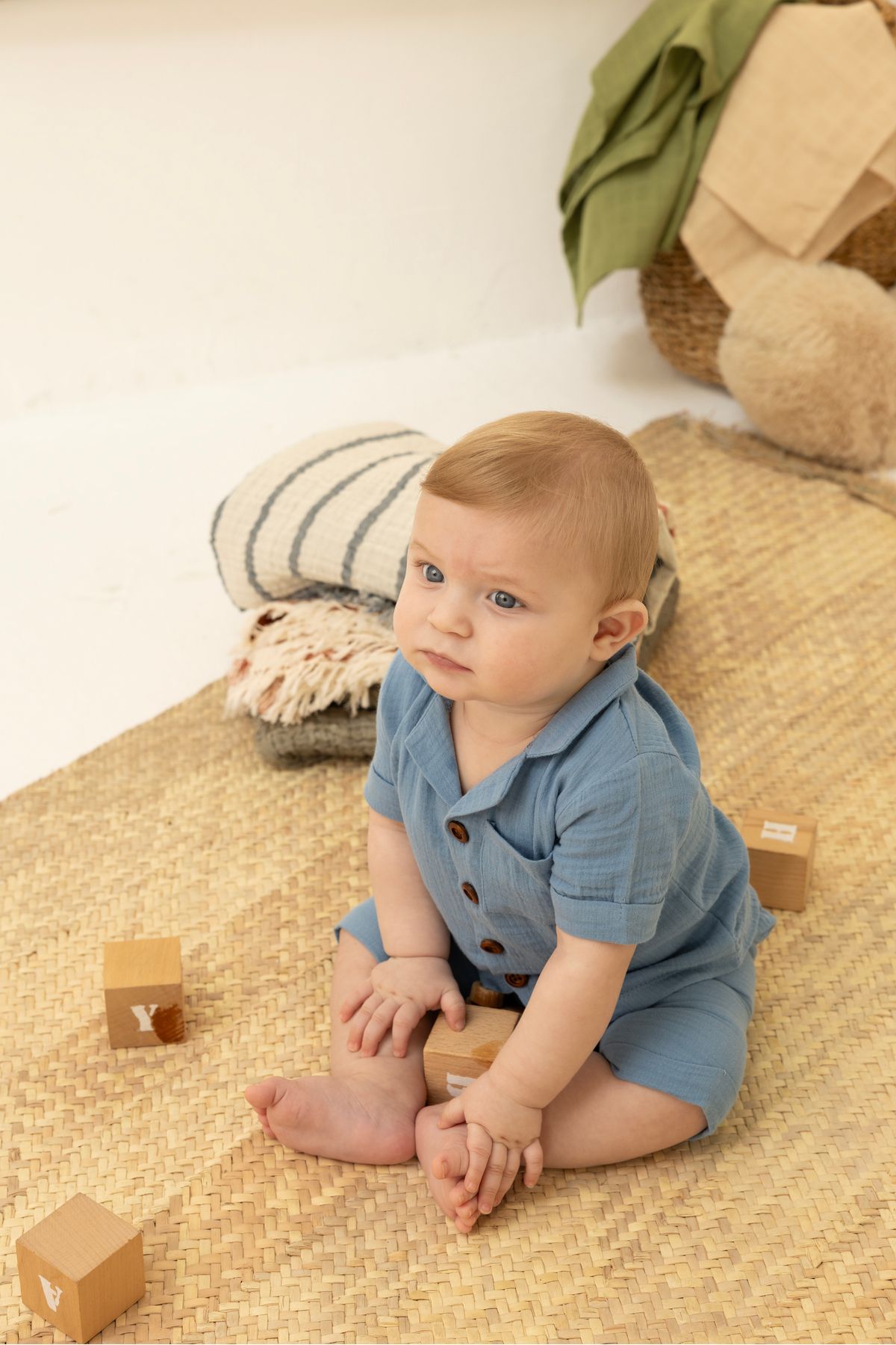 MİLNA BABY&KİDS %100 Pamuk Müslin Cepli Erkek Bebek İkili Takım (6-18 Ay) Yazlık Rahat Tasarım