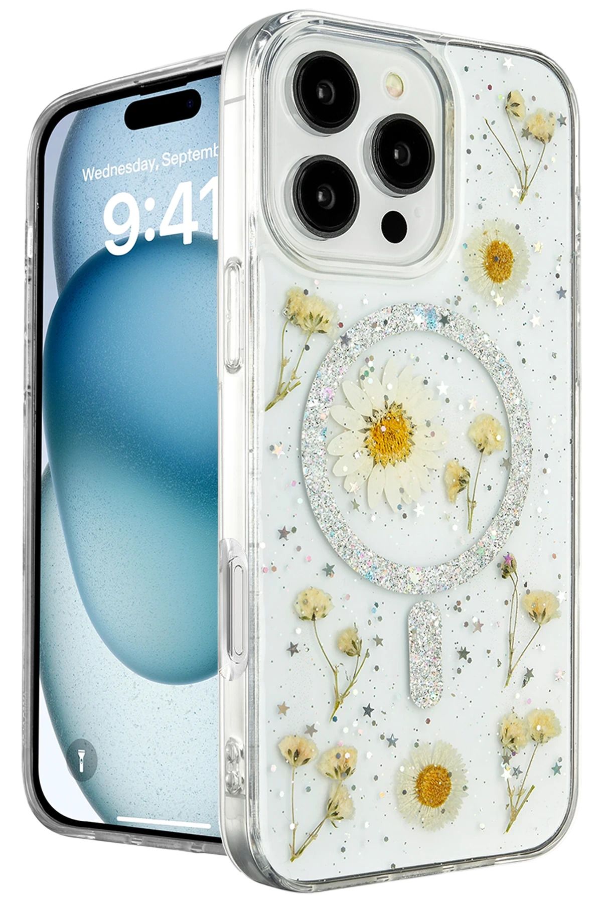 NewFace iPhone 16 Pro Max Kılıf Daisy Simli Magsafe Kapak - Gümüş YNSMR