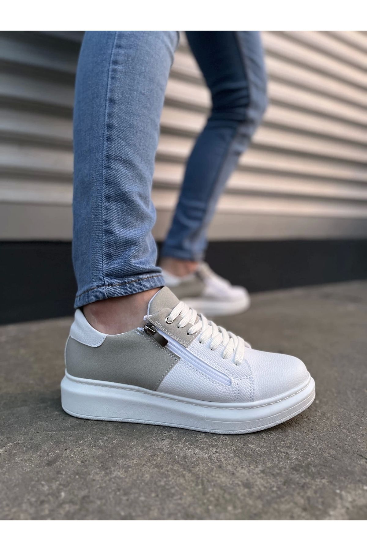 Eng JY155 Warrior Bağcıklı ve Fermuarlı Cilt Süet Erkek Günlük Sneaker Ayakkabı CSBT - Beyaz/Gri