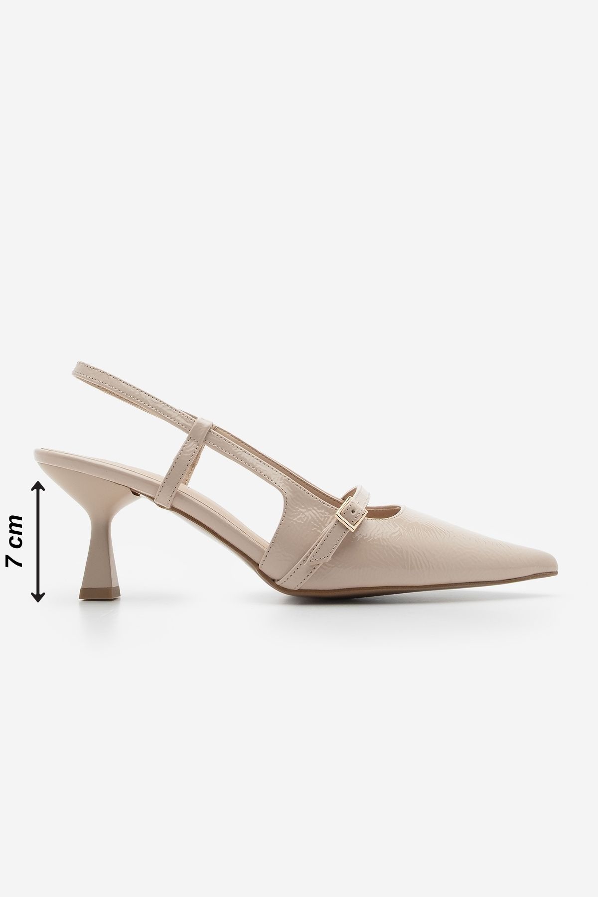 استیلتو زنانه جزئیات کمربند بینی را پشت کفش پاشنه باز FENKA BEIGE PATENT چرمی نشان داد Marjin
