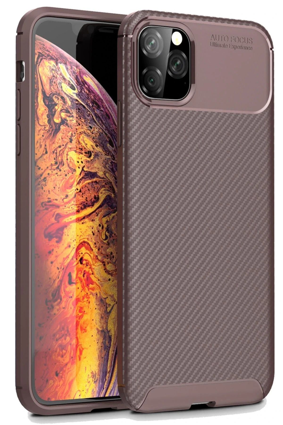 NewFace iPhone 11 Pro Max Kılıf Auto Focus Karbon Kapak - Kahverengi INSLM