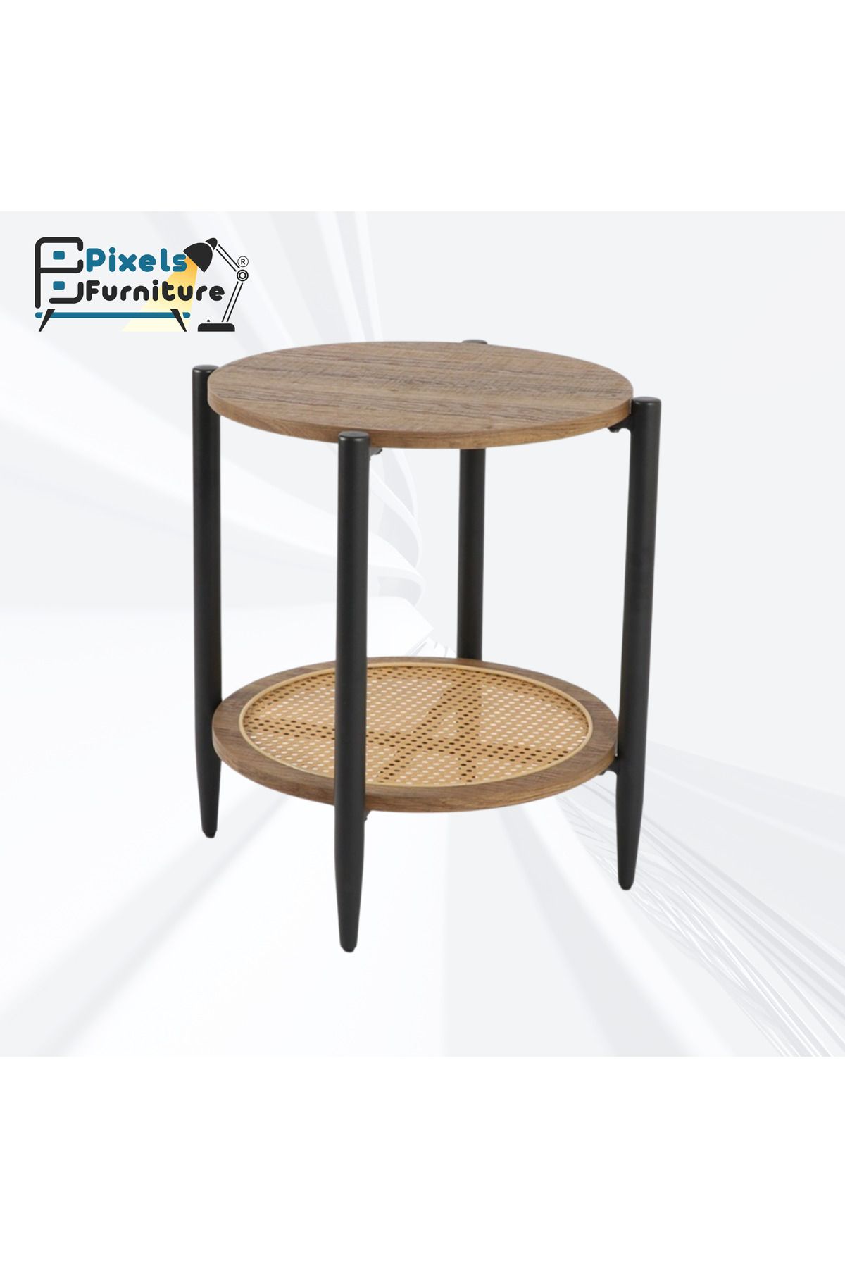 PixelsFurniture-Set of 2 Round Side Table 2 Layers Pixel Furniture Coffee Table with Wood Top, Rattan Bottom Shelf and Metal Ends 2