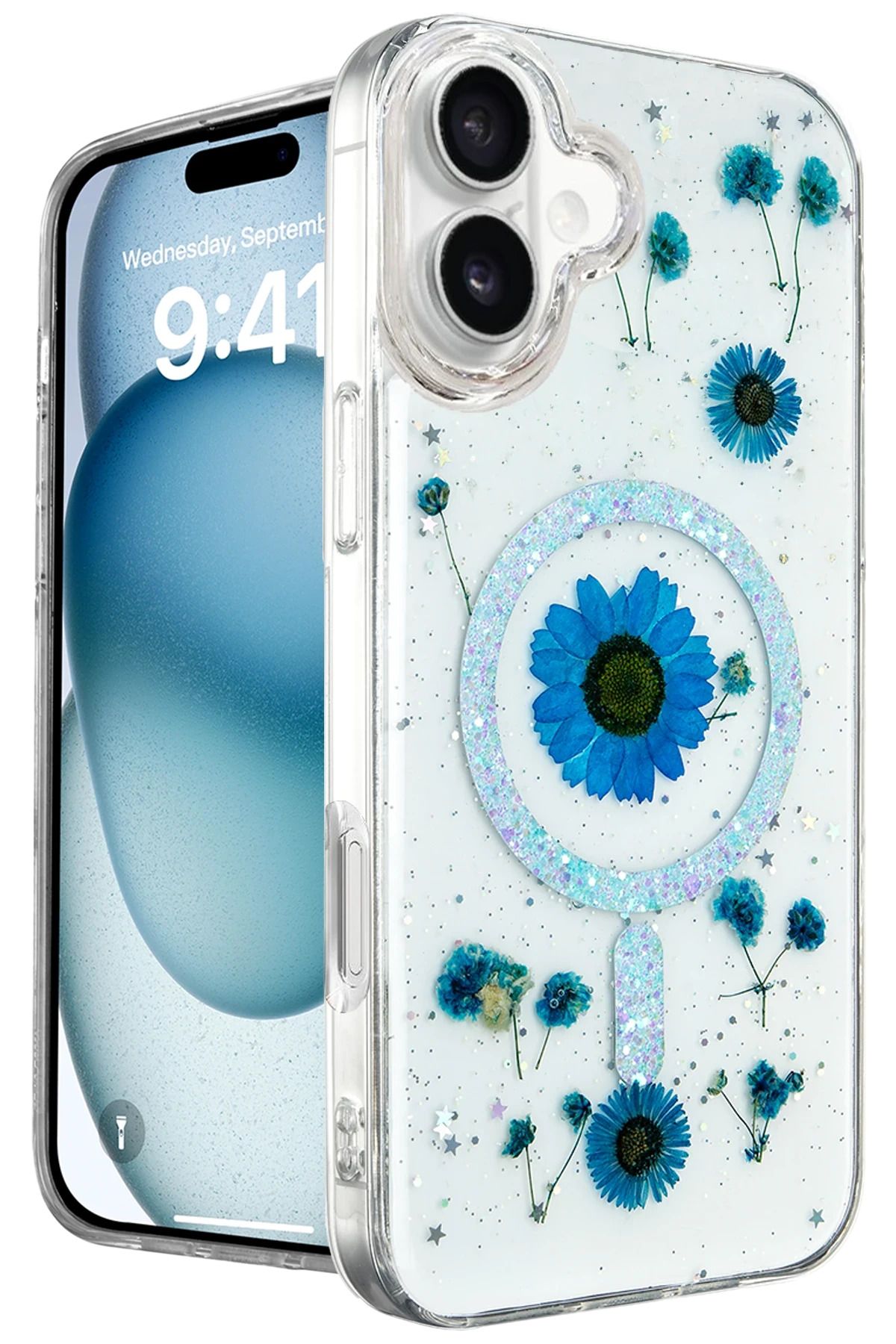 NewFace iPhone 16 Kılıf Daisy Simli Magsafe Kapak - Mavi YNSMR