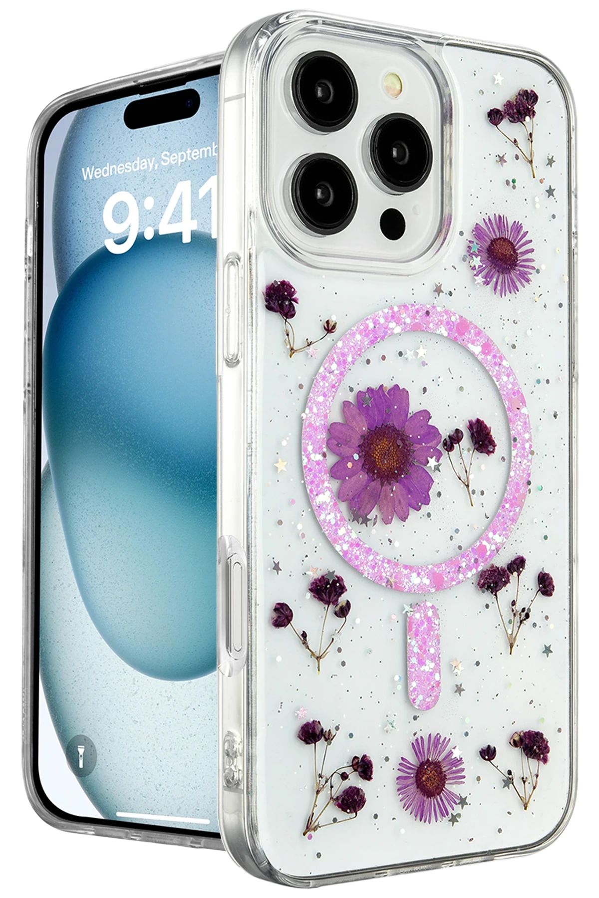 NewFace iPhone 16 Pro Max Kılıf Daisy Simli Magsafe Kapak - Mor YNSMR