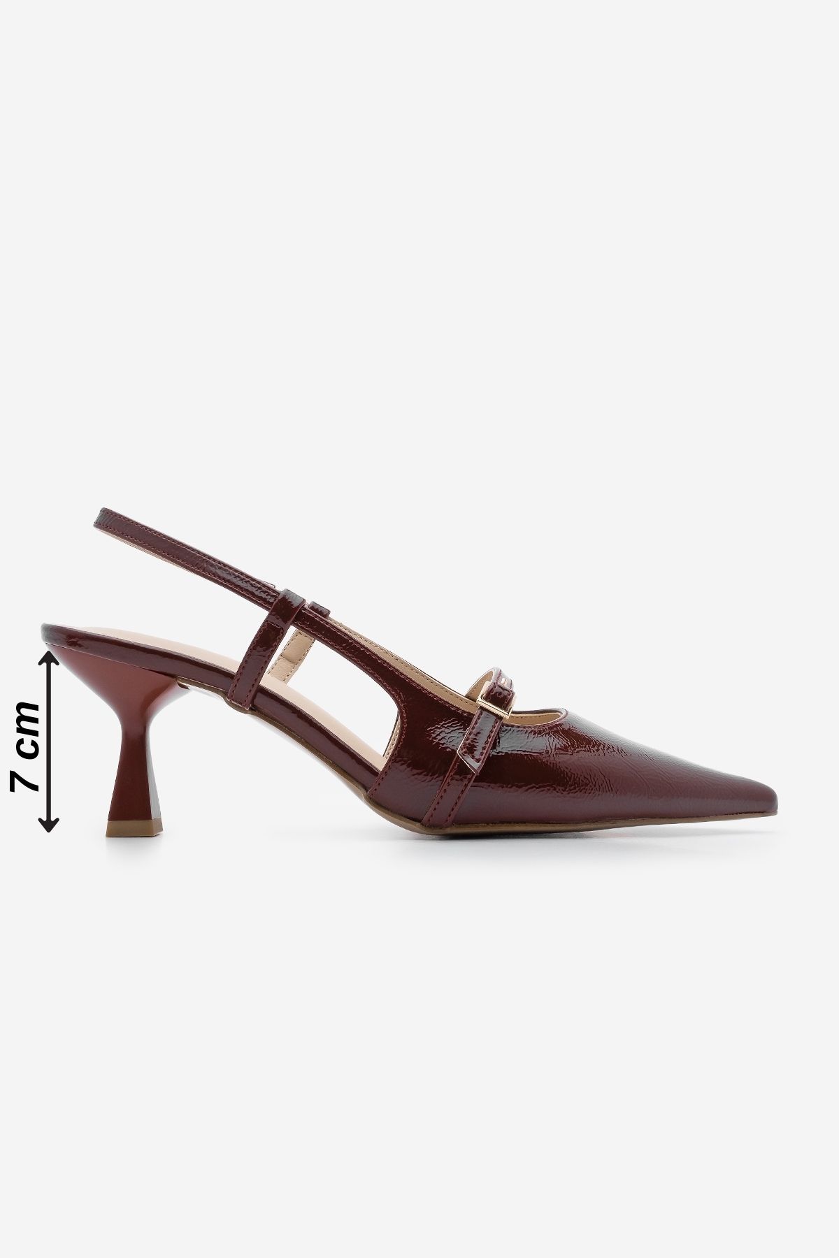 Marjin-Burgundowe lakierowane buty damskie na obcasie typu stiletto z szpiczastym noskiem i paskiem 8