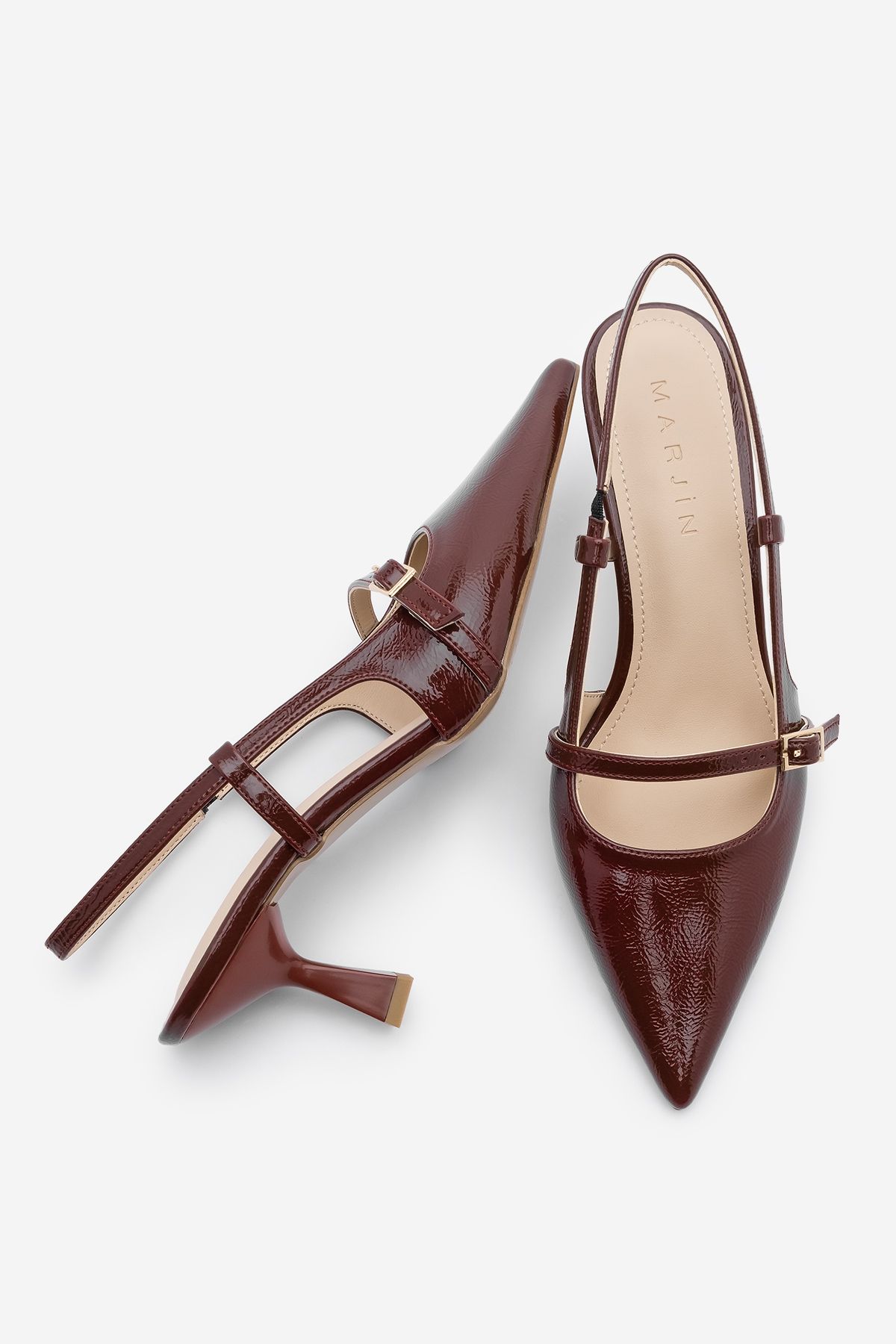 Marjin-Burgundowe lakierowane buty damskie na obcasie typu stiletto z szpiczastym noskiem i paskiem 7