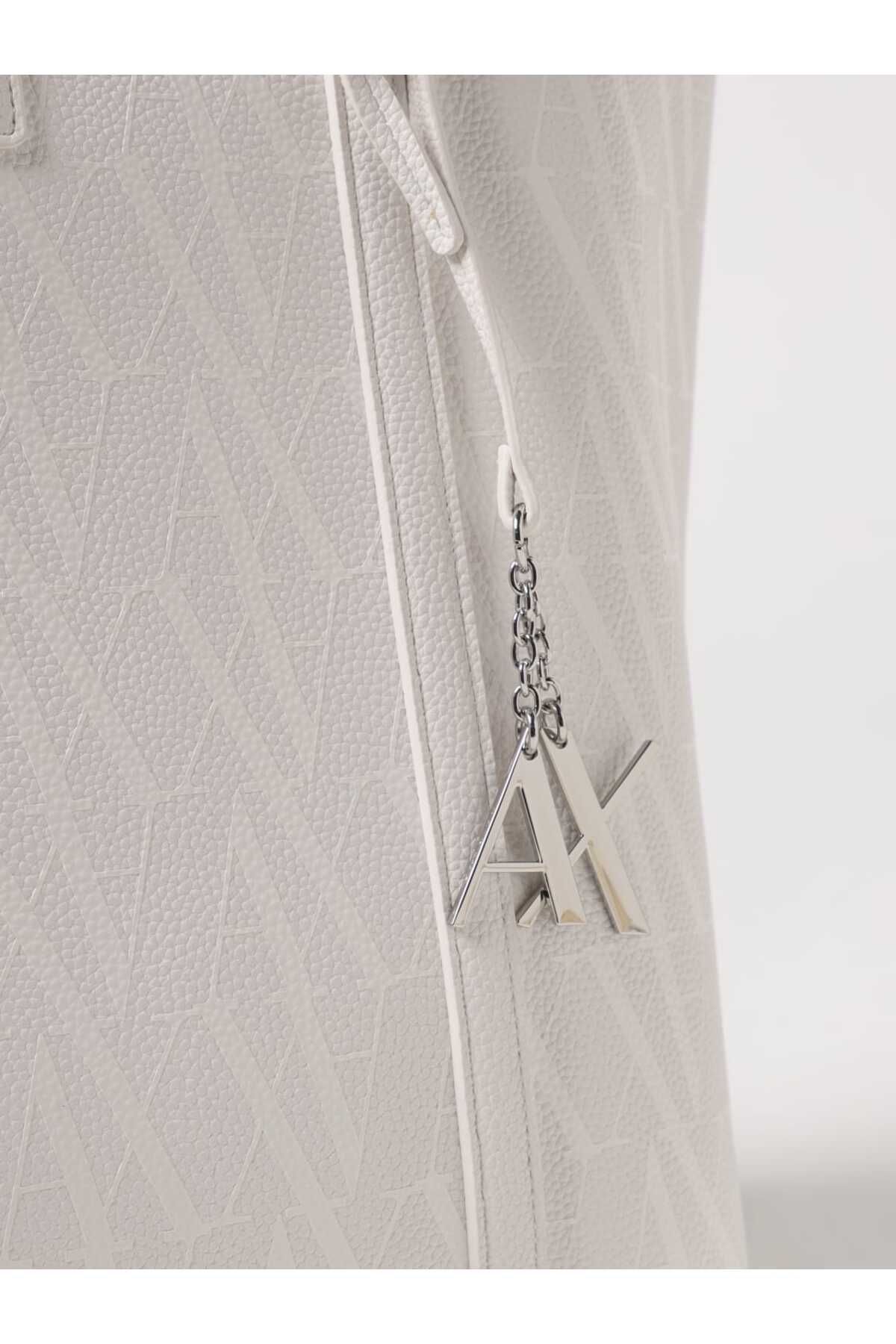 Armani Exchange-Women's Ax Text Patterned Leather Silver Accessory Detailed Large White Shoulder Bag Xw 001199   Af15325-F0009 3