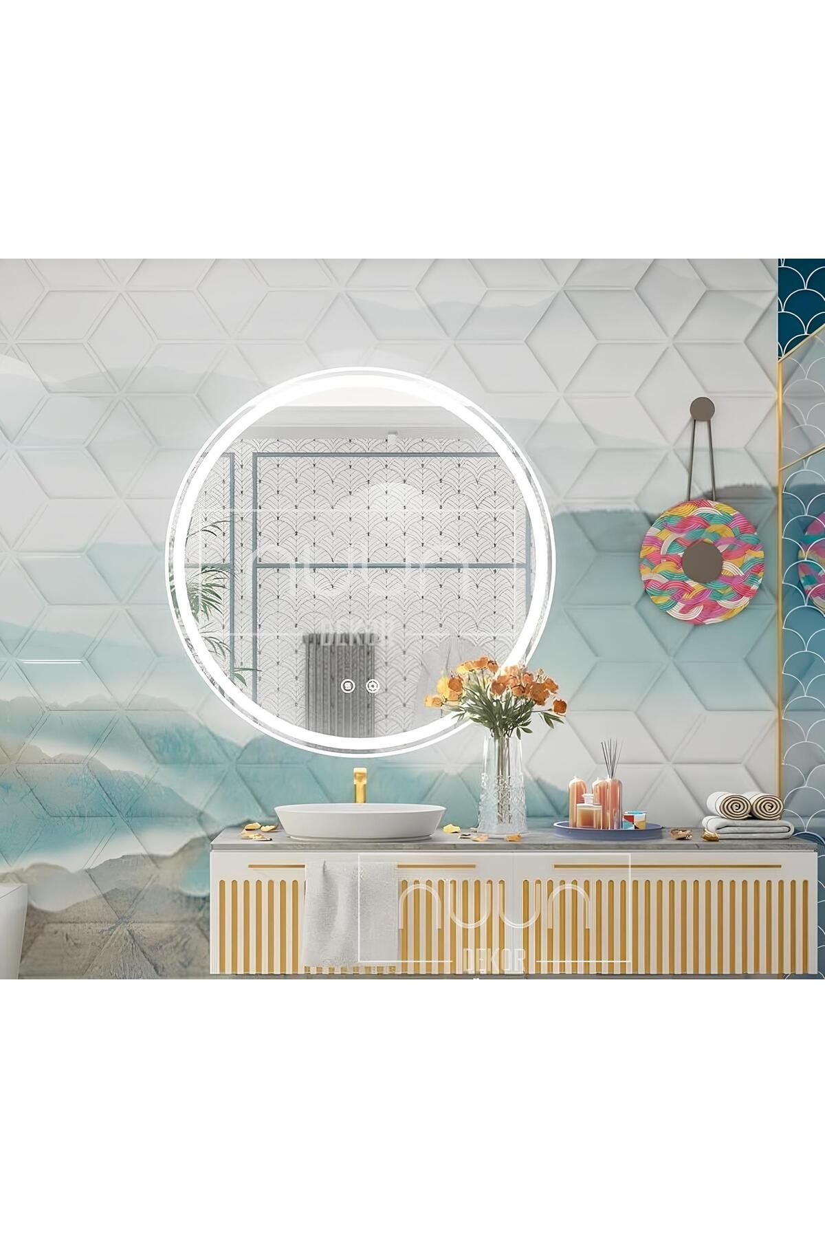 NUUN DEKOR 60cm BEYAZ Led'li Yuvarlak Akıllı Banyo Aynası | Buğu Çözücülü, Kumlamalı, Hafızalı Dimmerli