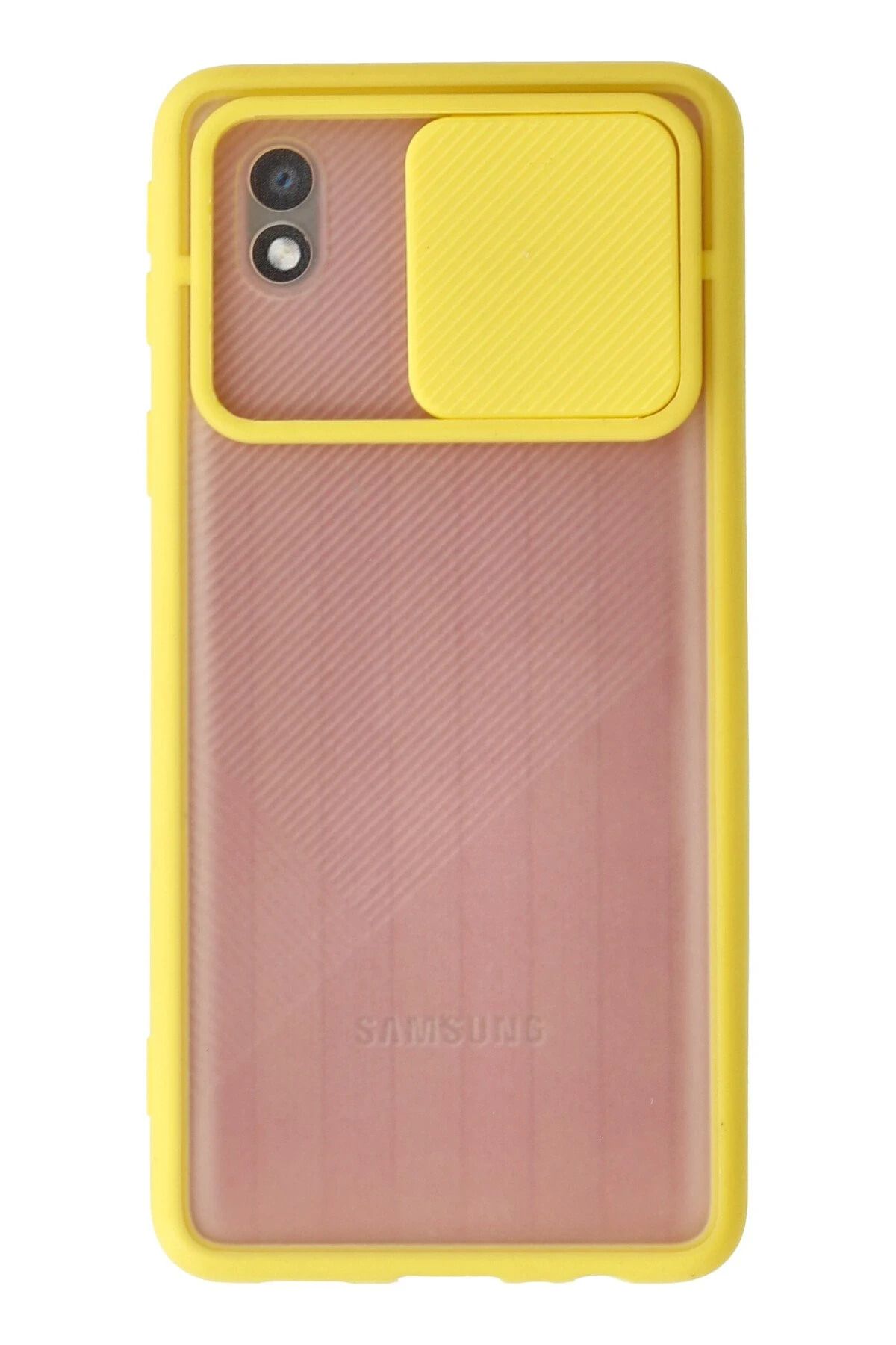 NewFace Samsung Galaxy A01 Core Kılıf Palm Buzlu Kamera Sürgülü Silikon - Sarı JOJUA