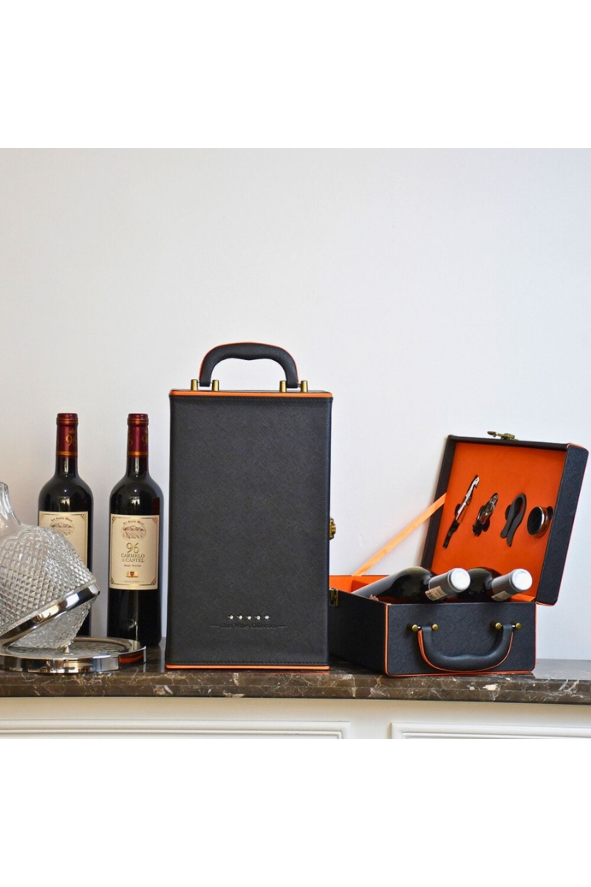 OEM-Deluxe Wine Box Set, Mindblower, for 2 bottles, with wine accessories included, orange interior 4