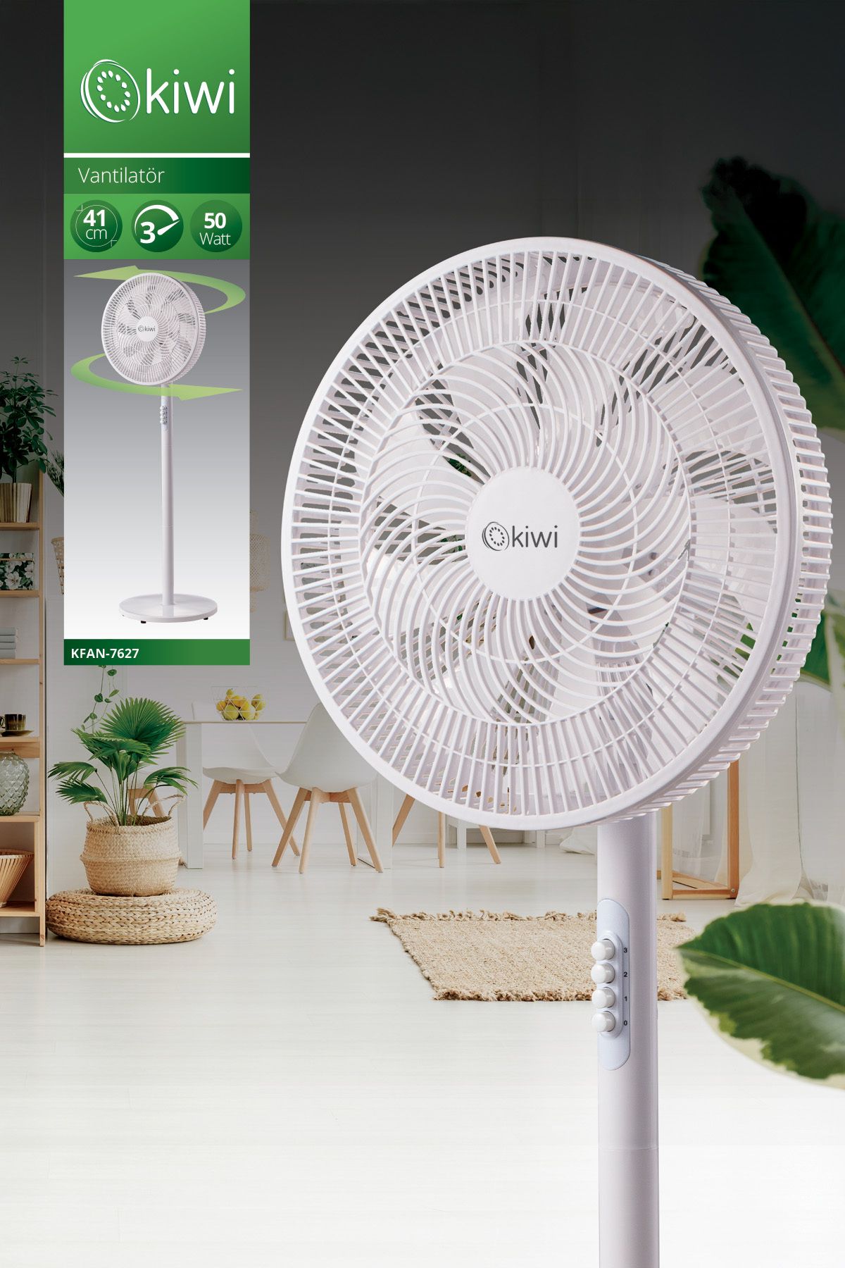 Kiwi Kfan-7627 Salınım Fonksiyonlu Ultra Sessiz Stand Vantilatör