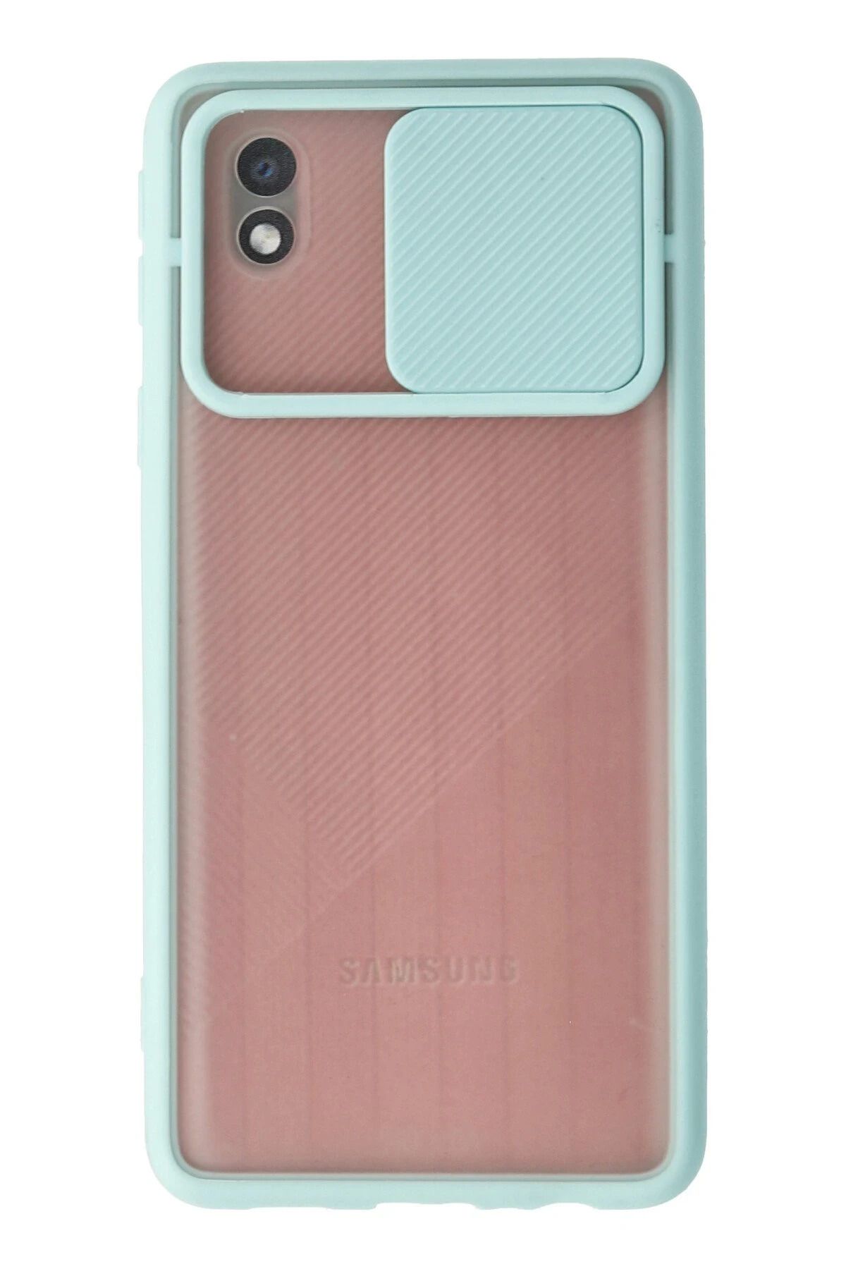 NewFace Samsung Galaxy A01 Core Kılıf Palm Buzlu Kamera Sürgülü Silikon - Turkuaz JOJUA