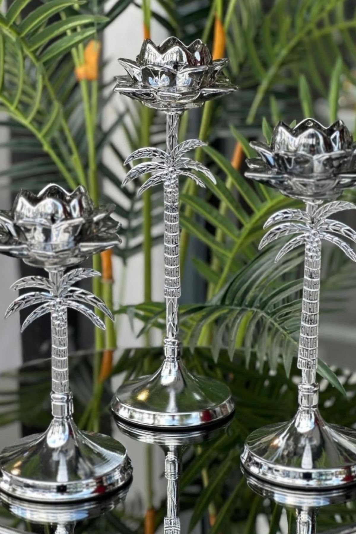 Gülümseten Avm 3 lü Gümüş Metal Palmiye Şamdan Mumluk | Hawai Şamdan Mumluk | Gümüş Dekor Ürünleri