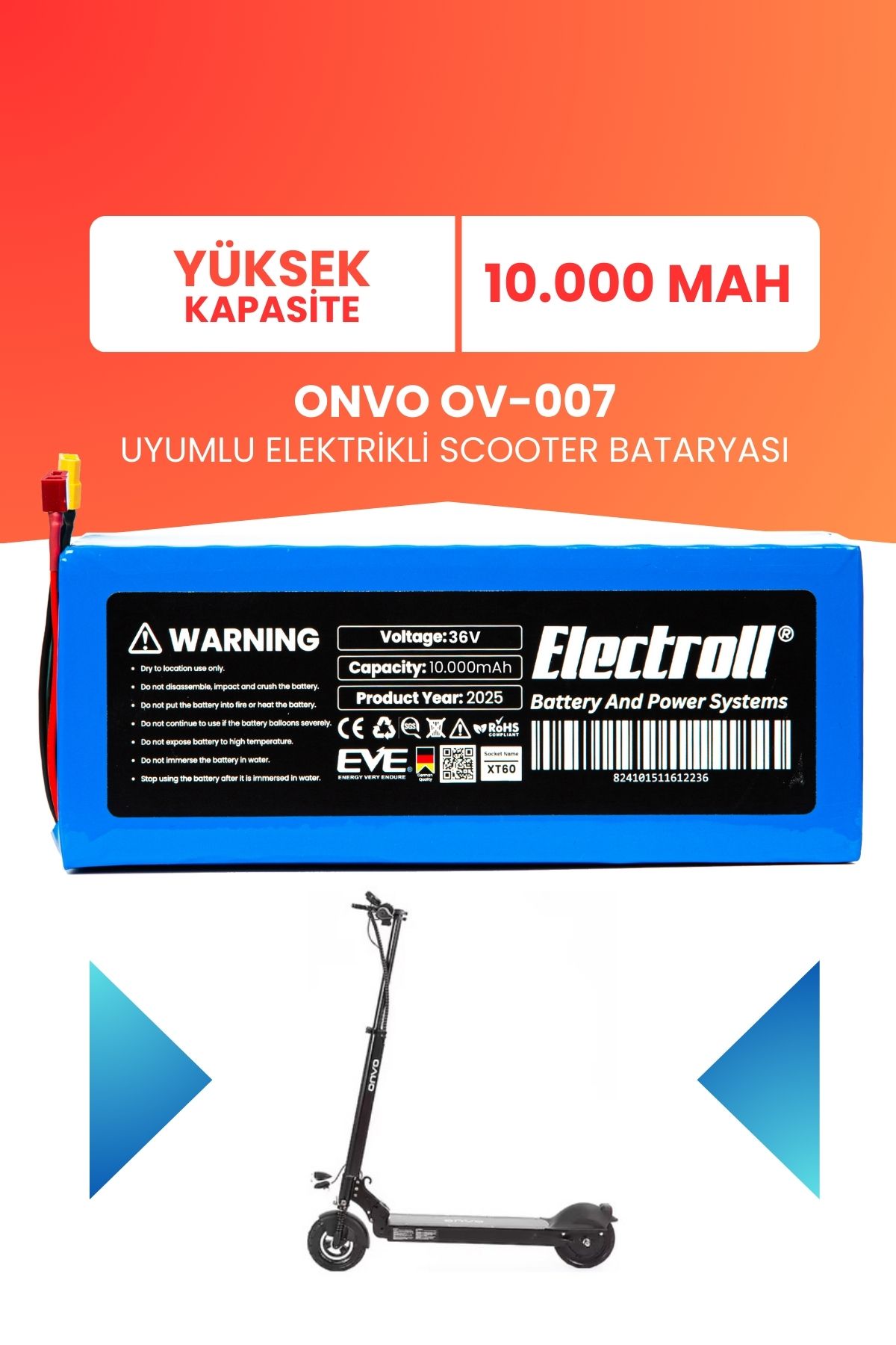 ELECTROLL Onvo Ov-007 Uyumlu Batarya (Yüksek Kapasite) 36v 10.000mah Pil Elektrikli Scooter Bataryası Değişimi