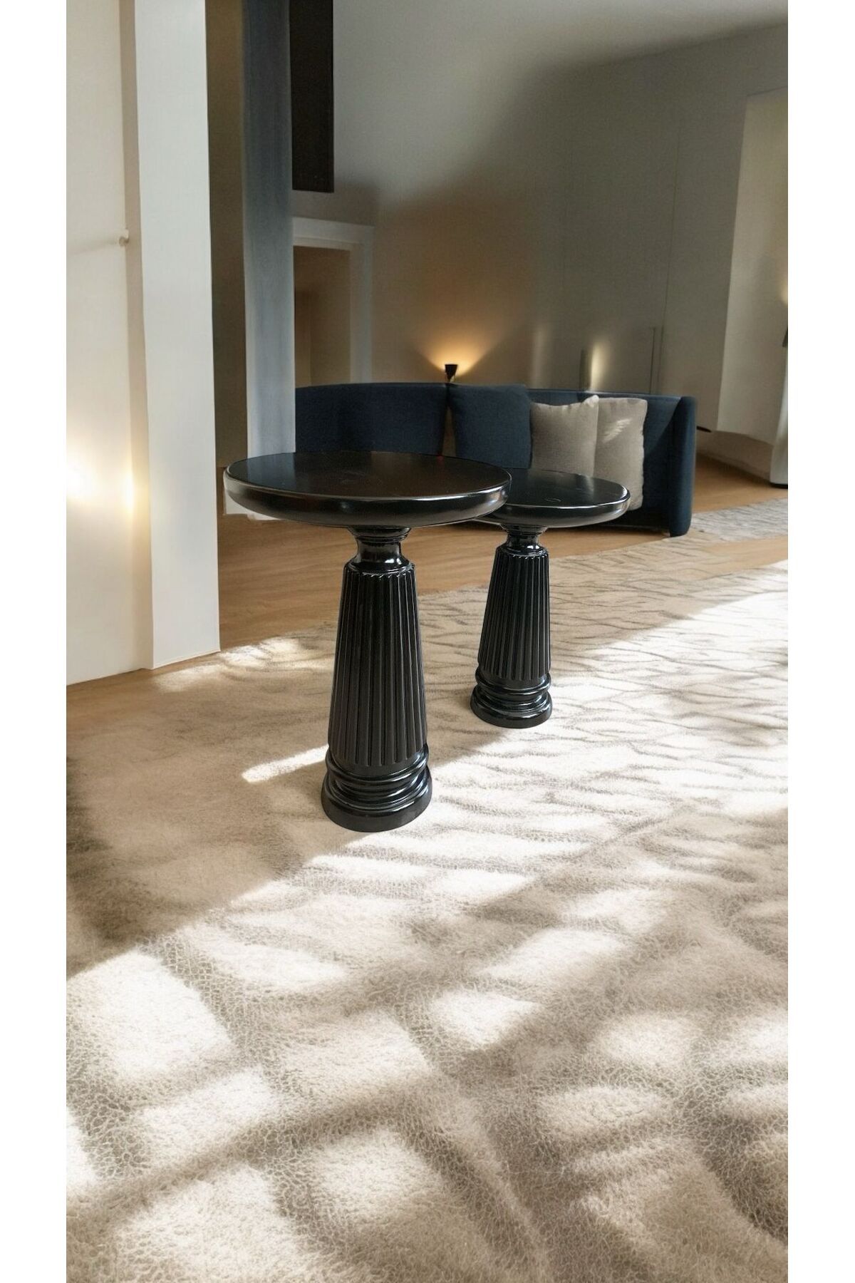 Simillo Home&Living Wood Ahşap 2'li Set Konik Model Mantar Yan Sehpa Modern Fiskos / Siyah Renk / Zigon Sehpa Vernikli