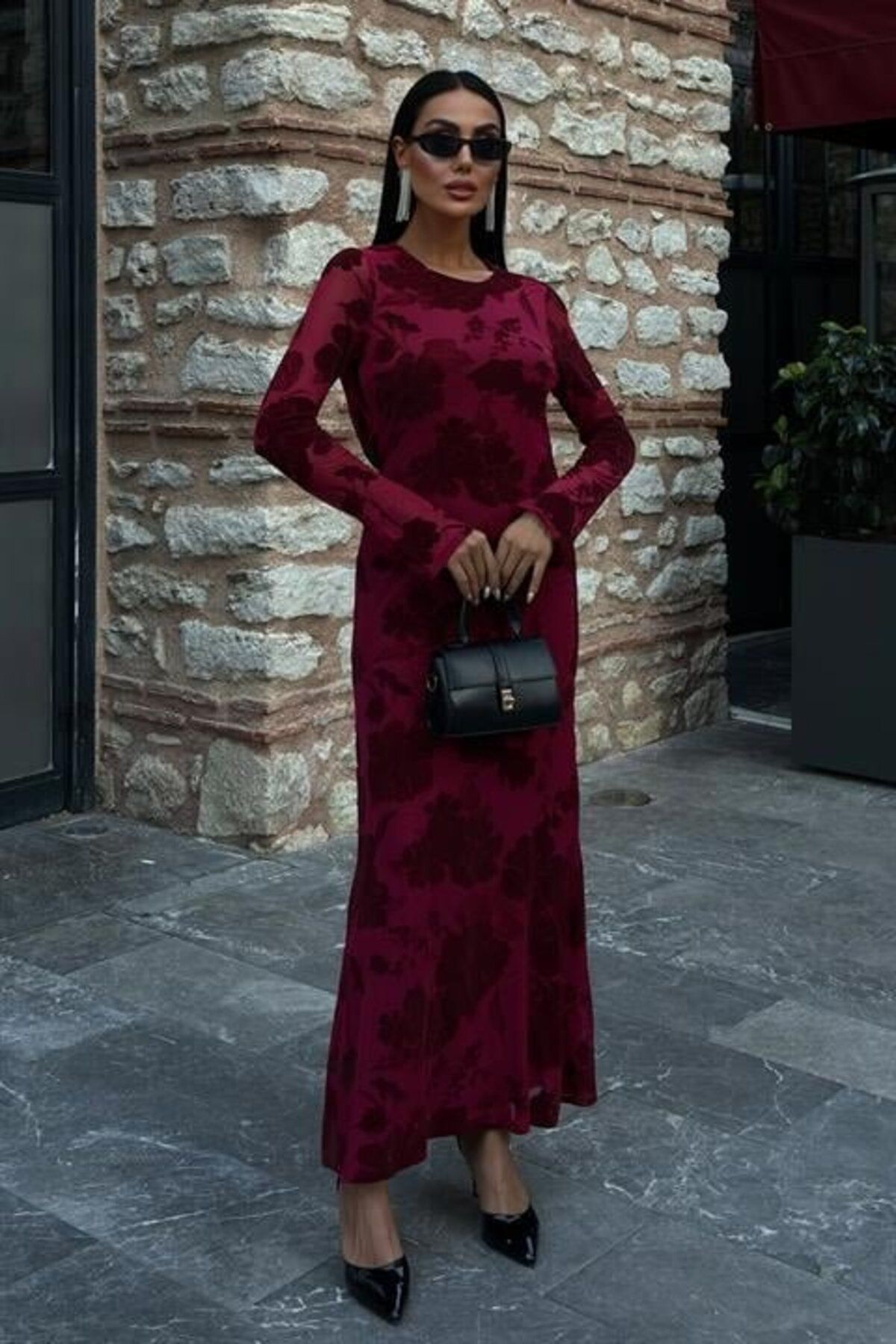 velmorafashion Kadife Baskılı Sırt Dekolteli Astarlı Elbise 2825