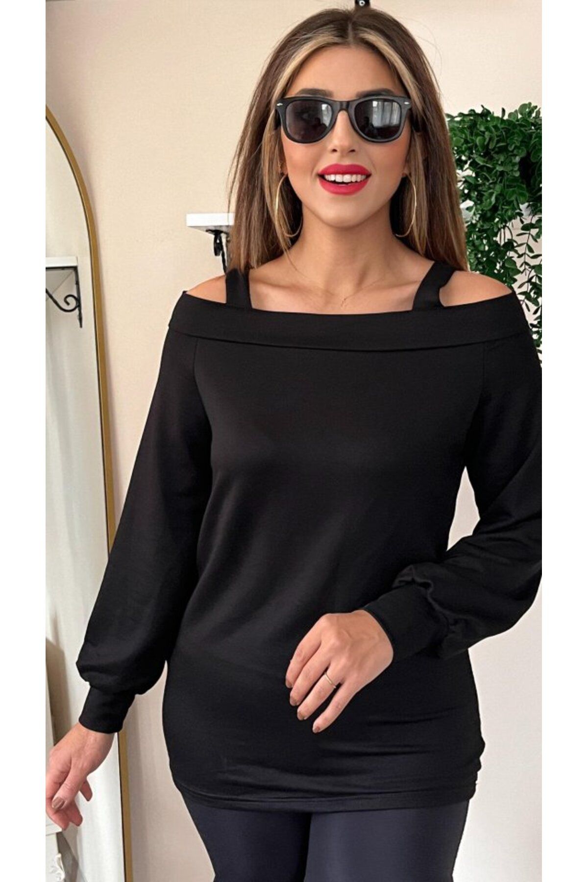 velmorafashion Kadın Askılı Iki Omuzu Açık Salaş Yün Viskon Bluz