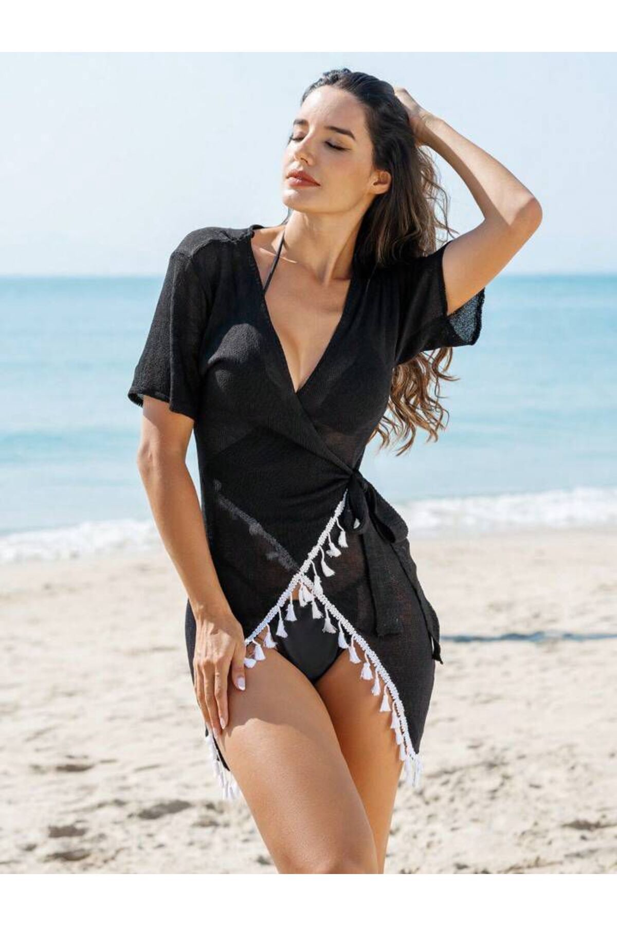 STARRY NIGHT Siyah beyaz püskül detaylı mayo bikini üstü zarif pareo