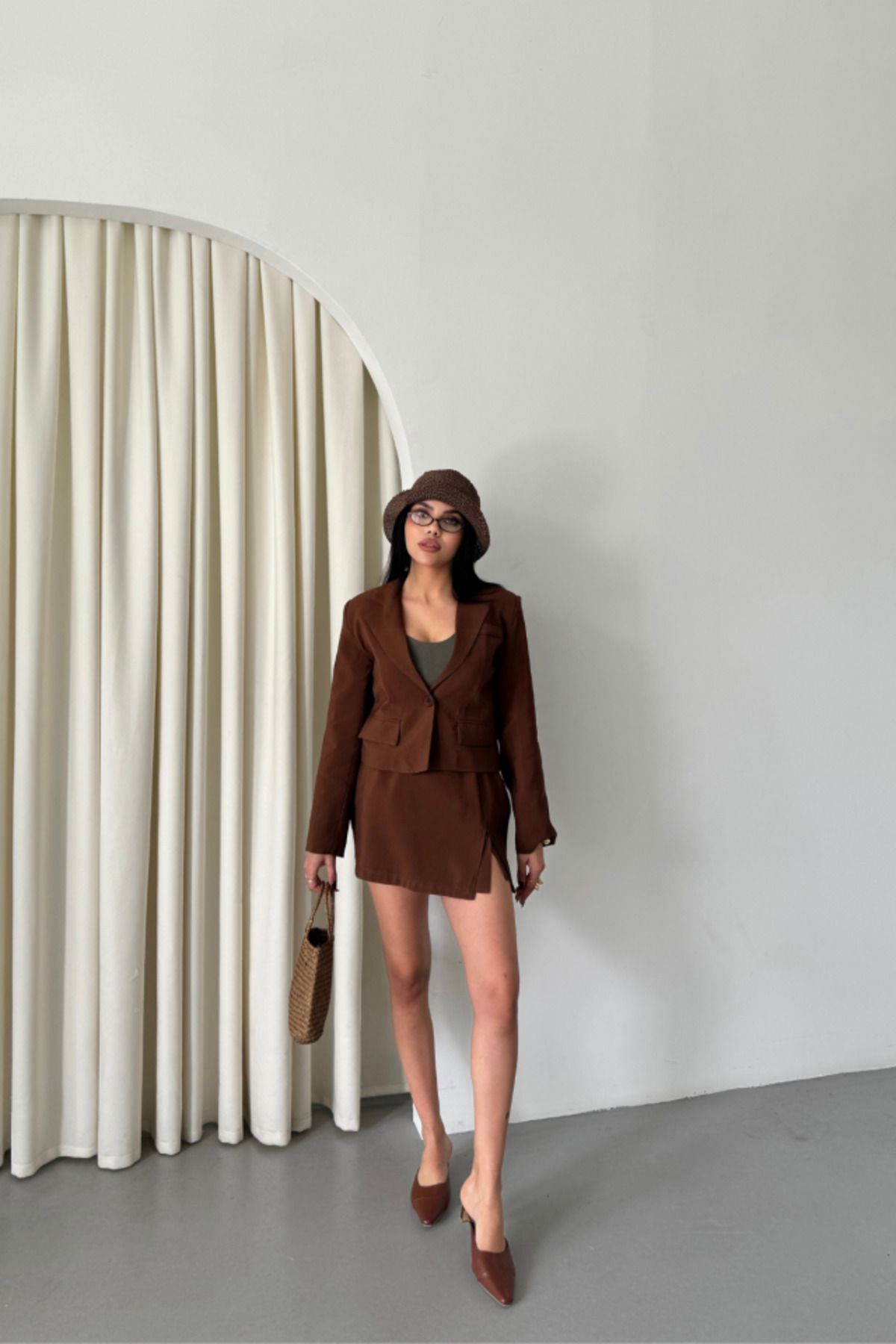 velmorafashion CROP CEKET - KISA ETEK TAKIM - Kahverengi