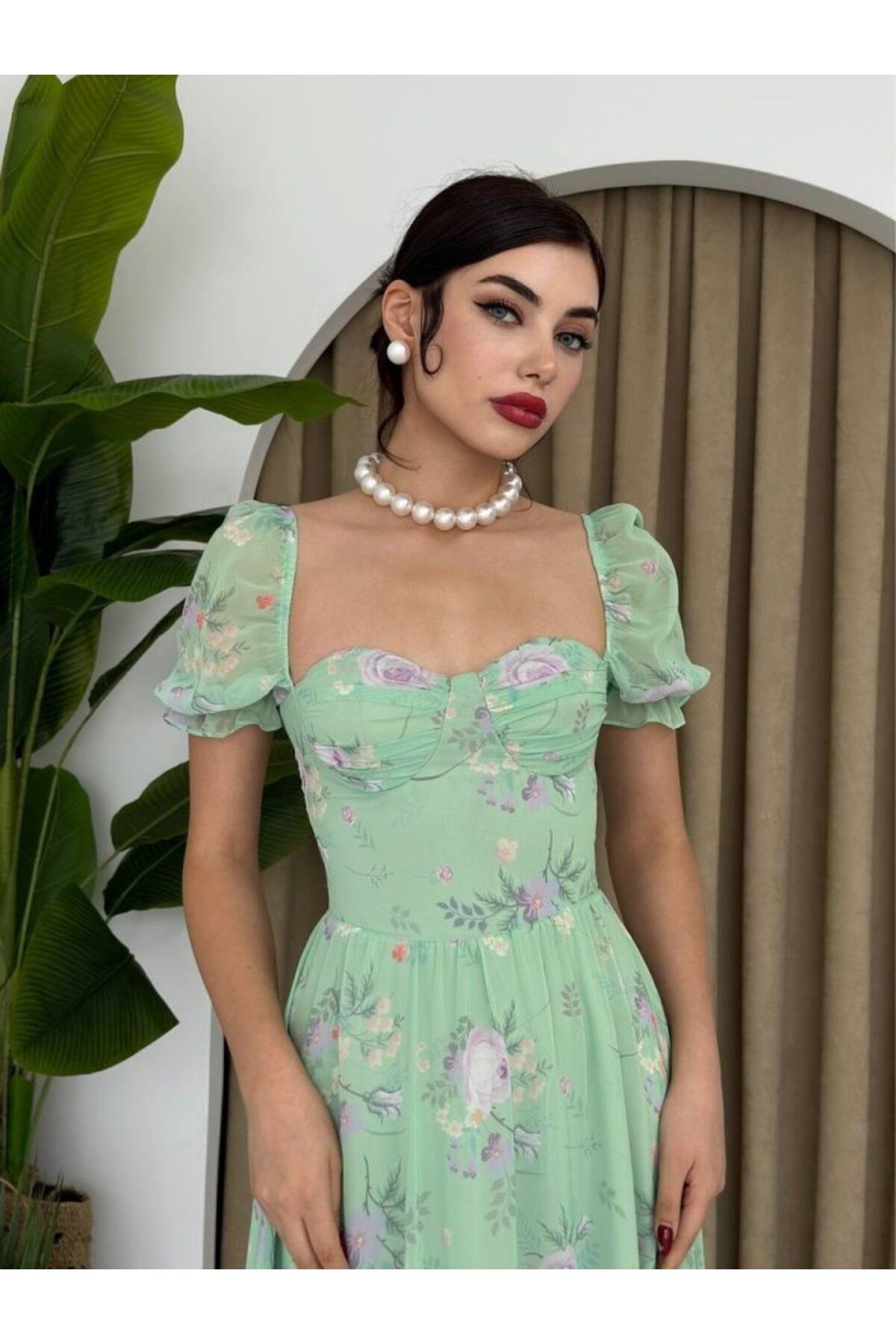 jupiter global bazaar ŞİFON KUMAŞ DİJİTAL DESEN BASKILI ELBİSE