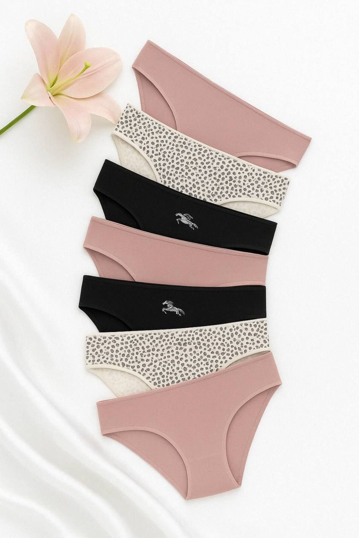 FEMYNA 7'li Pamuklu Desenli & Basic Slip Külot Seti - Siyah Pudra Leopar