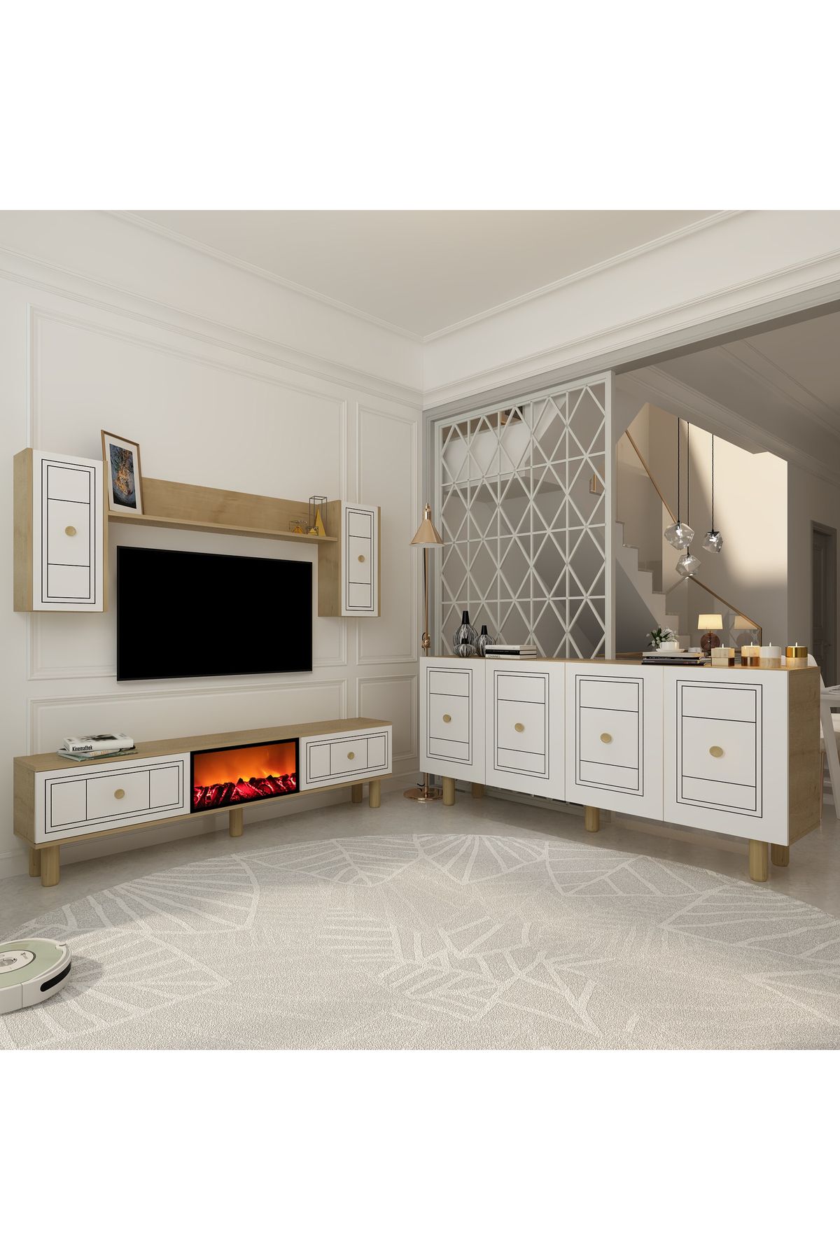DemonteHome DARİODH BOHEM KONSOL (KB150), ŞÖMİNELİ BOHEM TV ÜNİTESİ 2 Lİ SALON TAKIMI SAFİRMEŞE-BEYAZ