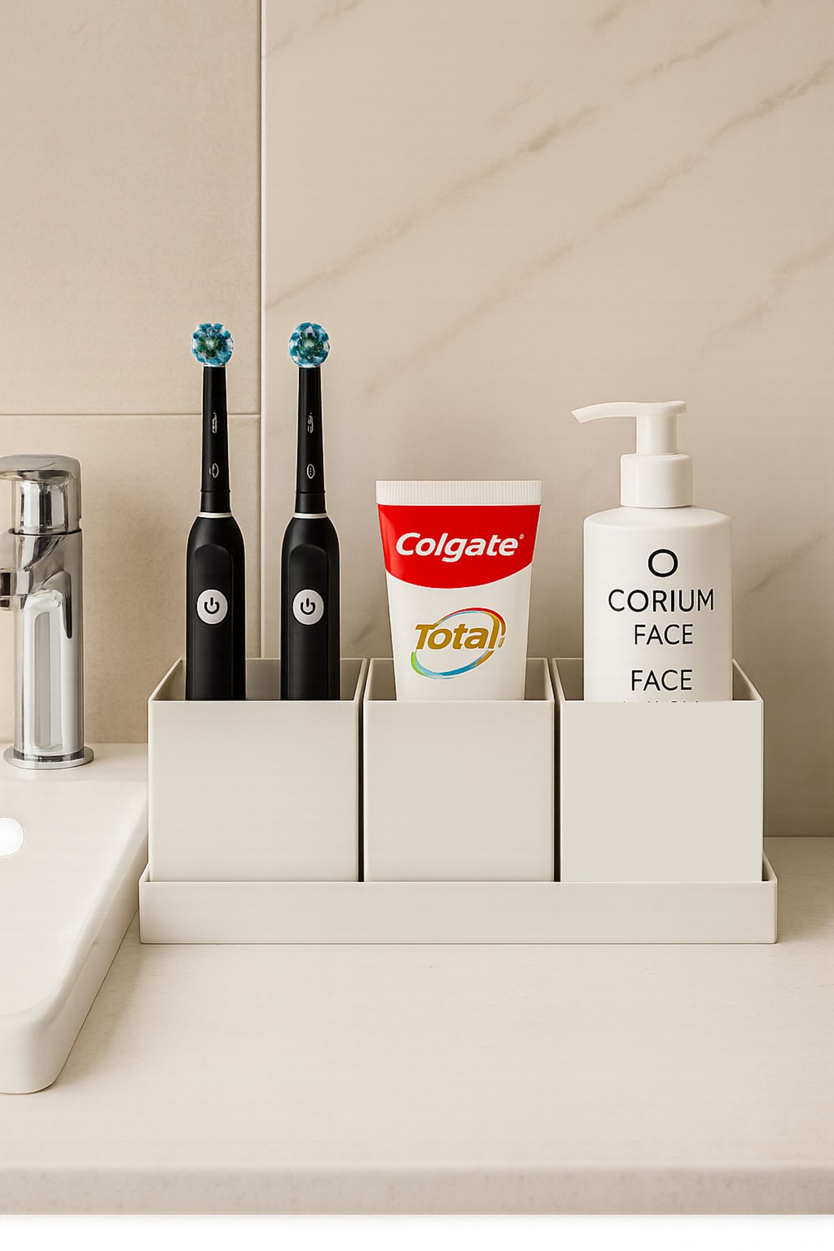 Home Banyo Organizer Seti Diş Fırçası Uyumlu, Cilt Bakım Ürünleri İçin Bölmeli Premium Banyo Dekorasyon