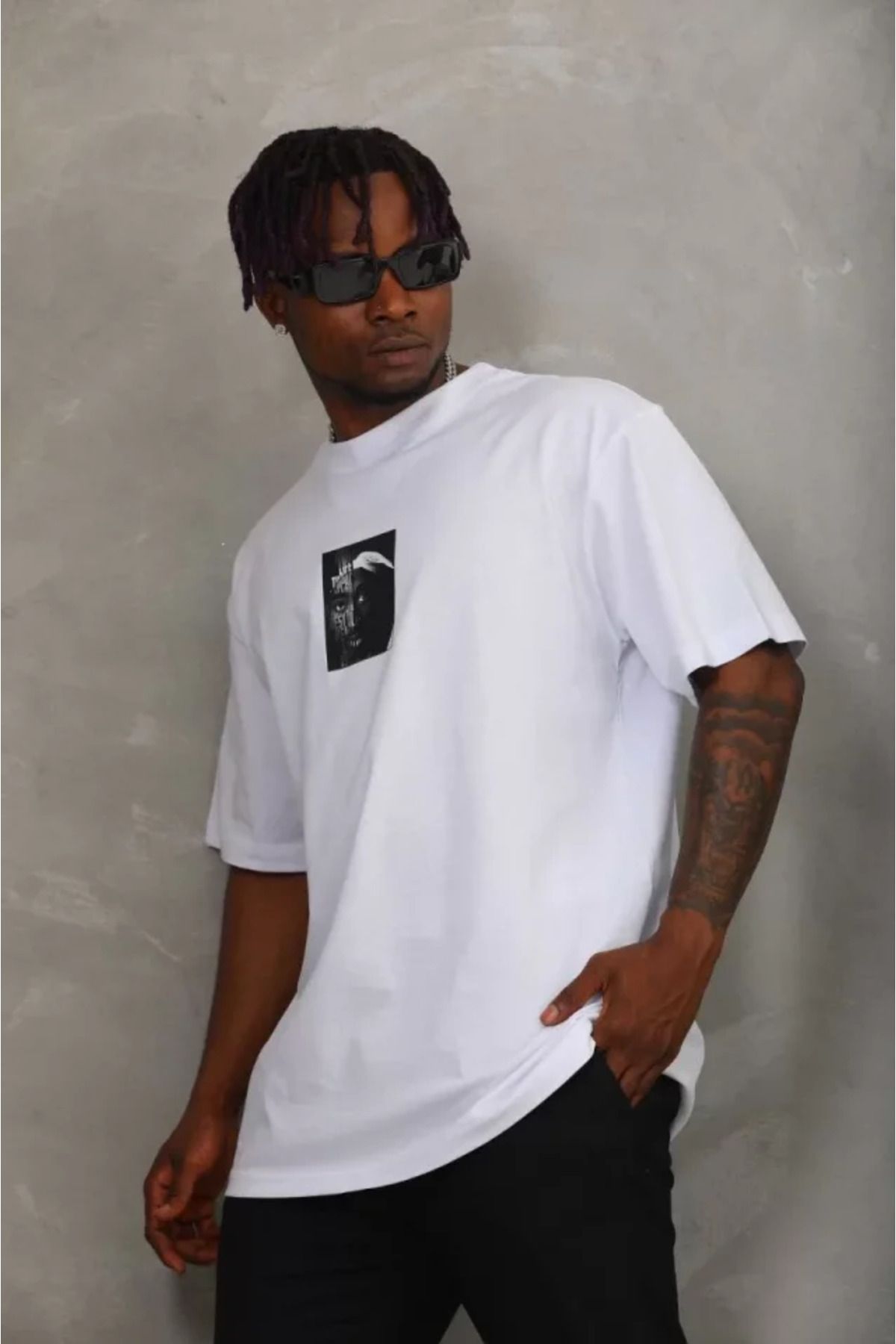 Albayrak Unisex Oversize Baskılı Bisiklet Yaka T-Shirt - Beyaz
