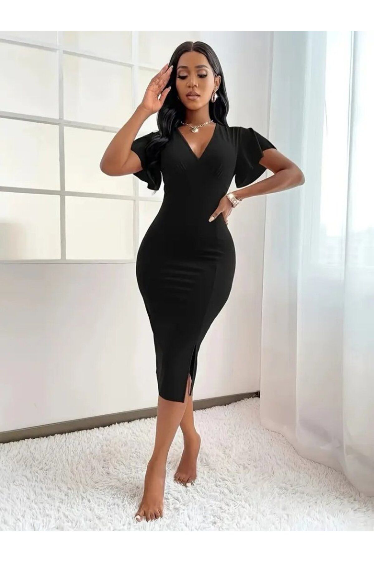 velmorafashion Kadın Kısa Kollu Derin Dekolte V Yakalı Yırtmaçlı Midi Janjan Krep Elbise