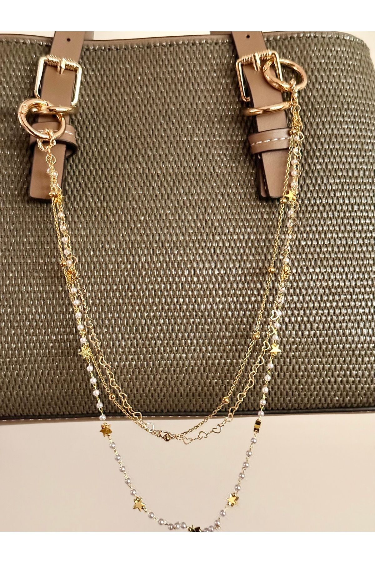 OITA Elegant üç sıra zincirli incili çanta charmı çanta aksesuarı çanta süsü