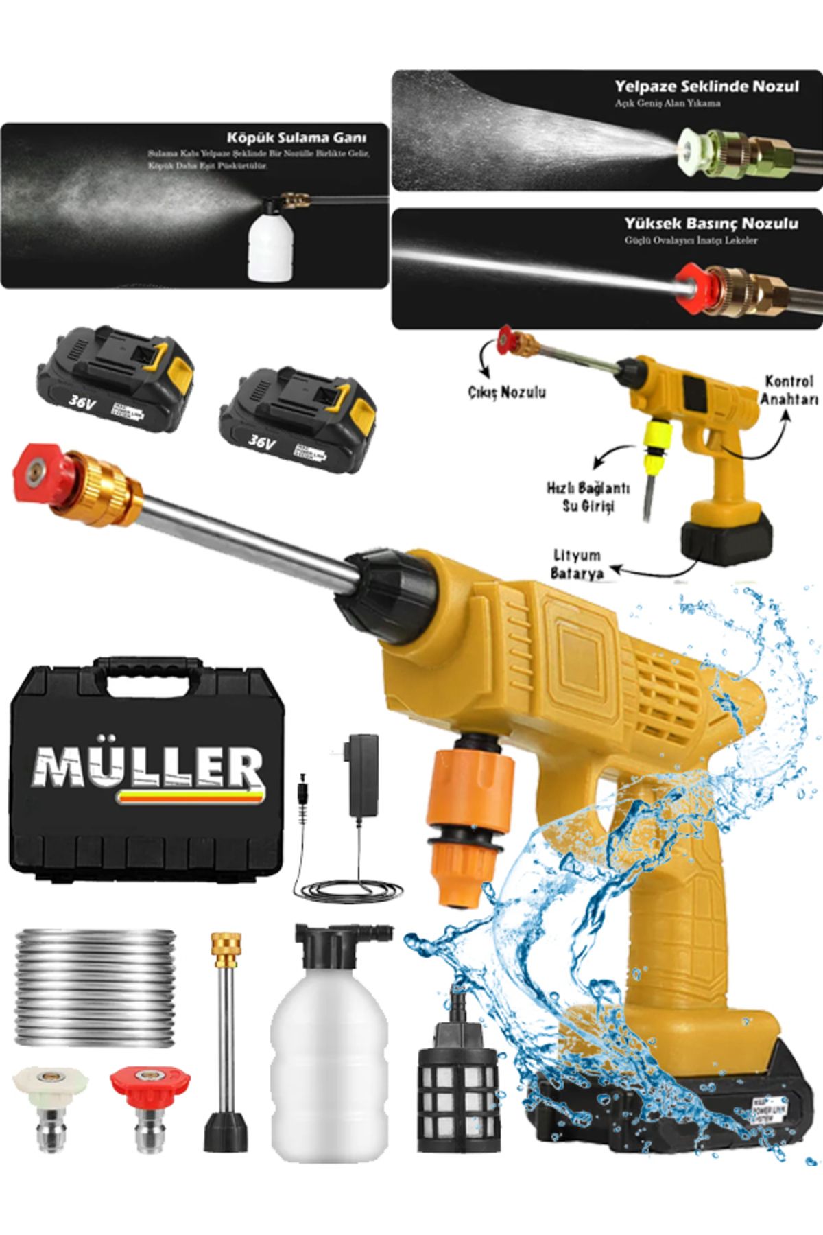 Pro Müller Alman 24 V Kömürsüz Motor Hava Soğutmalı Yüksek Basınçlı Çift Akülü Oto Araba Yıkama Makinesi