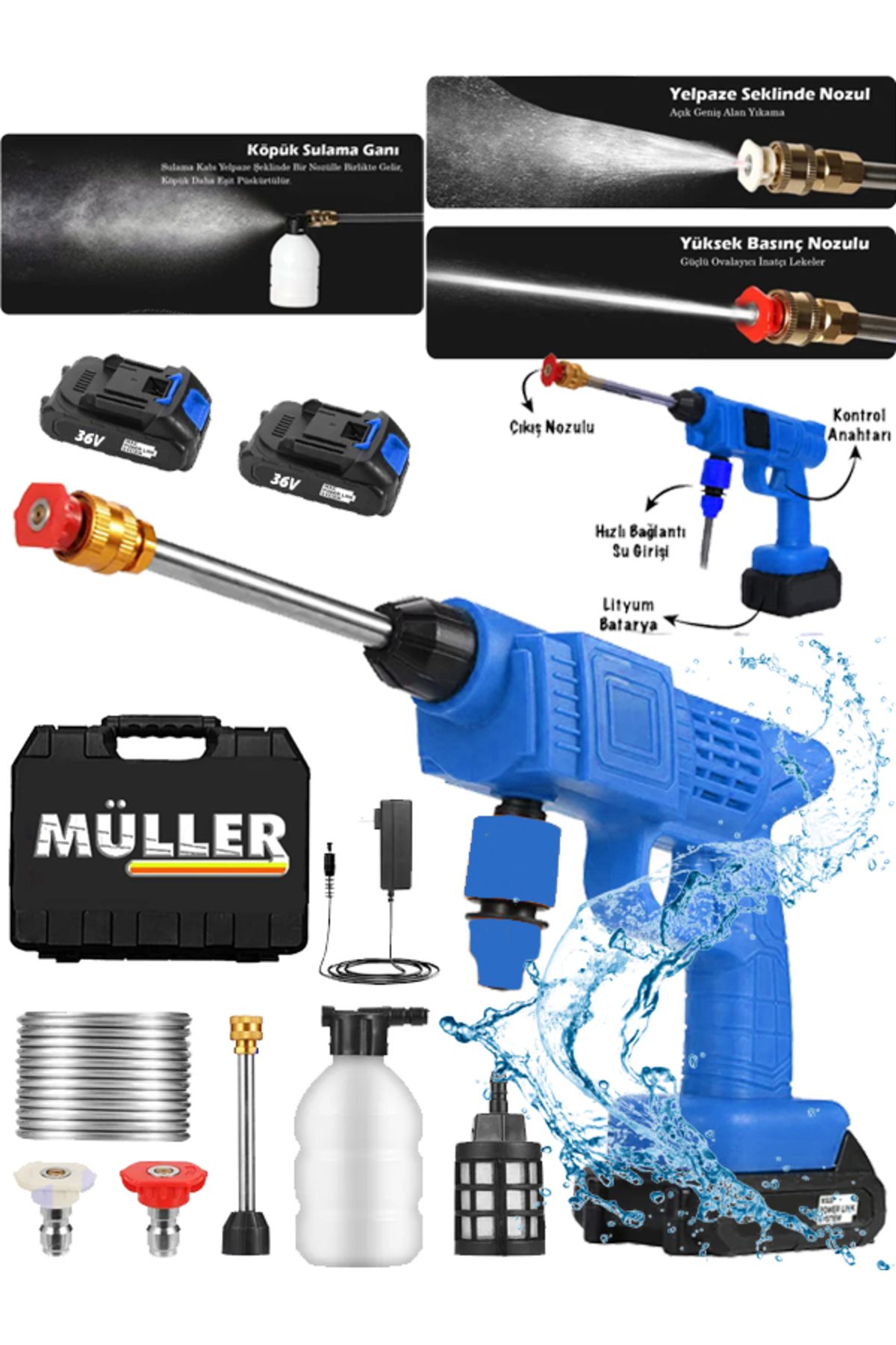 Pro Müller Alman 24 V Kömürsüz Motor Hava Soğutmalı Yüksek Basınçlı Çift Akülü Oto Araba Yıkama Makinesi