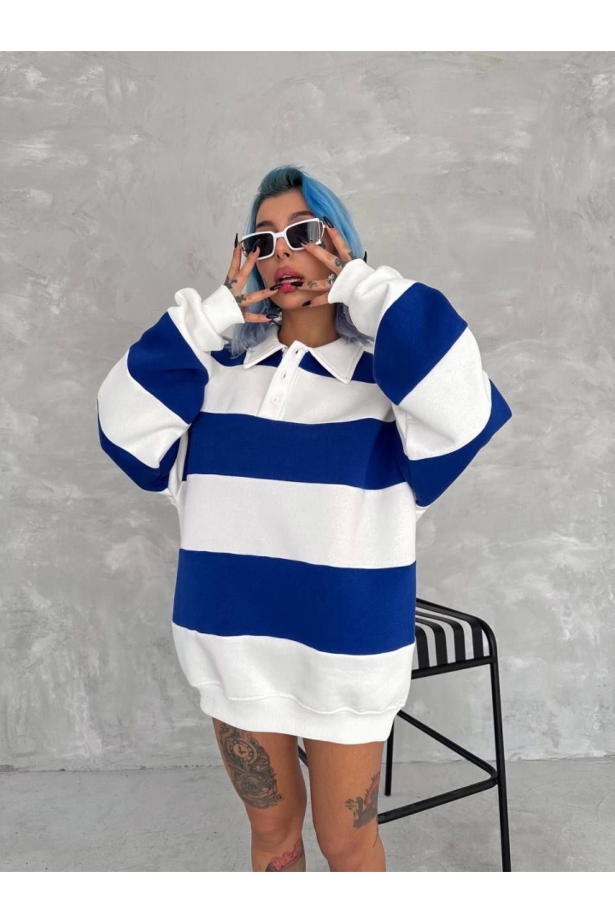 Asap Unisex Üç İplik Parçalı Yakalı SweatShirt - Mavi