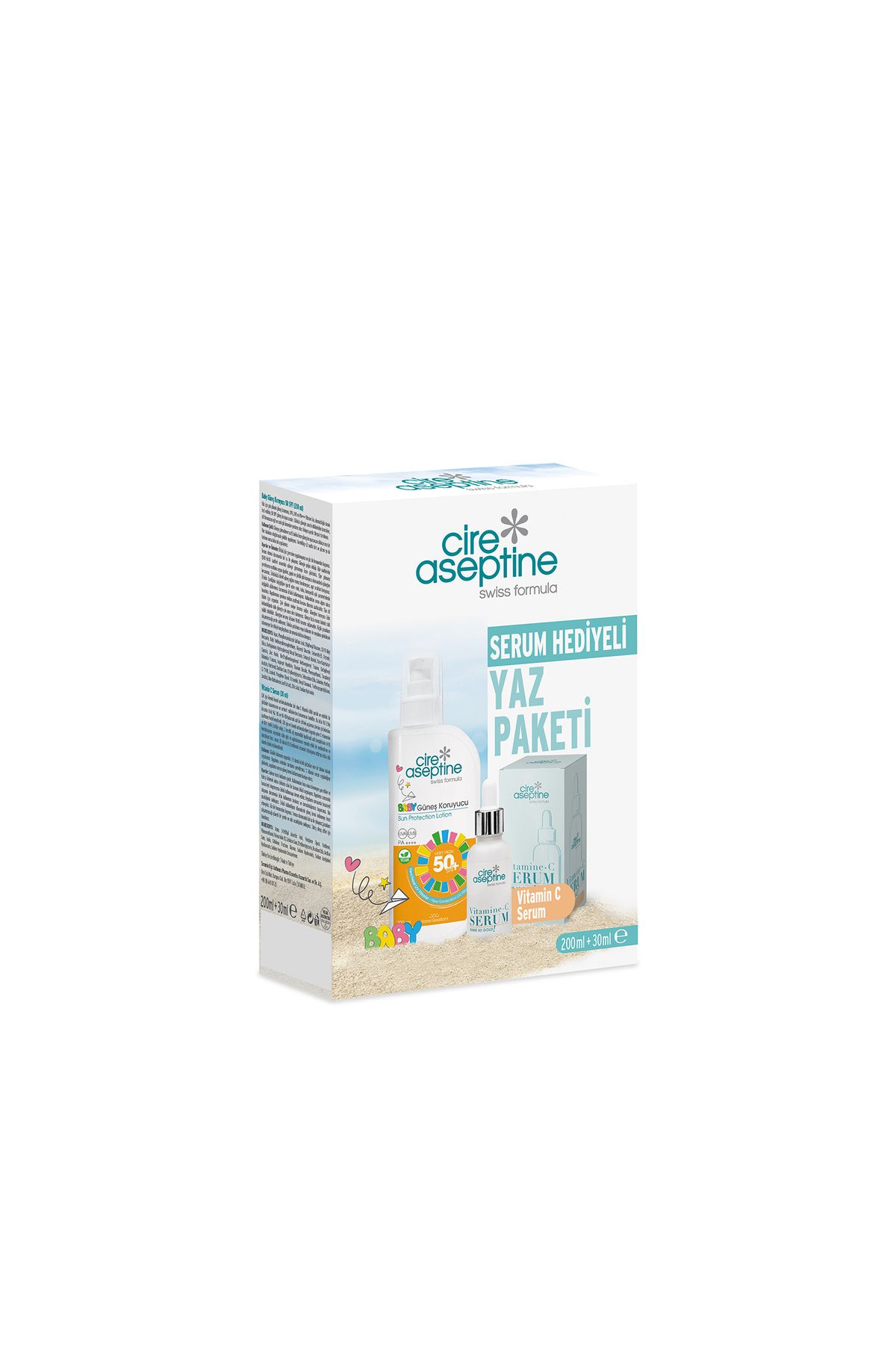 CIRE ASEPTINE Baby Güneş Koruyucu 50 SPF 200 ml + Vitamin C Serum 30 ml Kutu