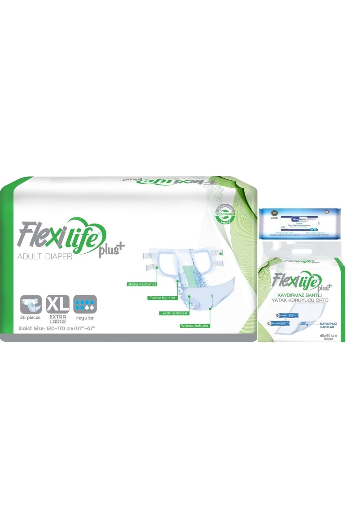 Flexi Life Yetişkin Hasta Bezi Bel Bantlı Tekstil Yüzeyli Ekstra Büyük 30 Adet +Yatak Koruyucu+Havlu