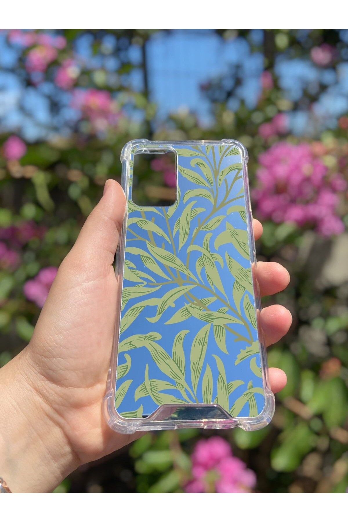 blueb Oppo A54 4G Uyumlu Aynalı Yeşil Yaprak Desenli Darbe Kamera Korumalı Silikon Telefon Kılıfı