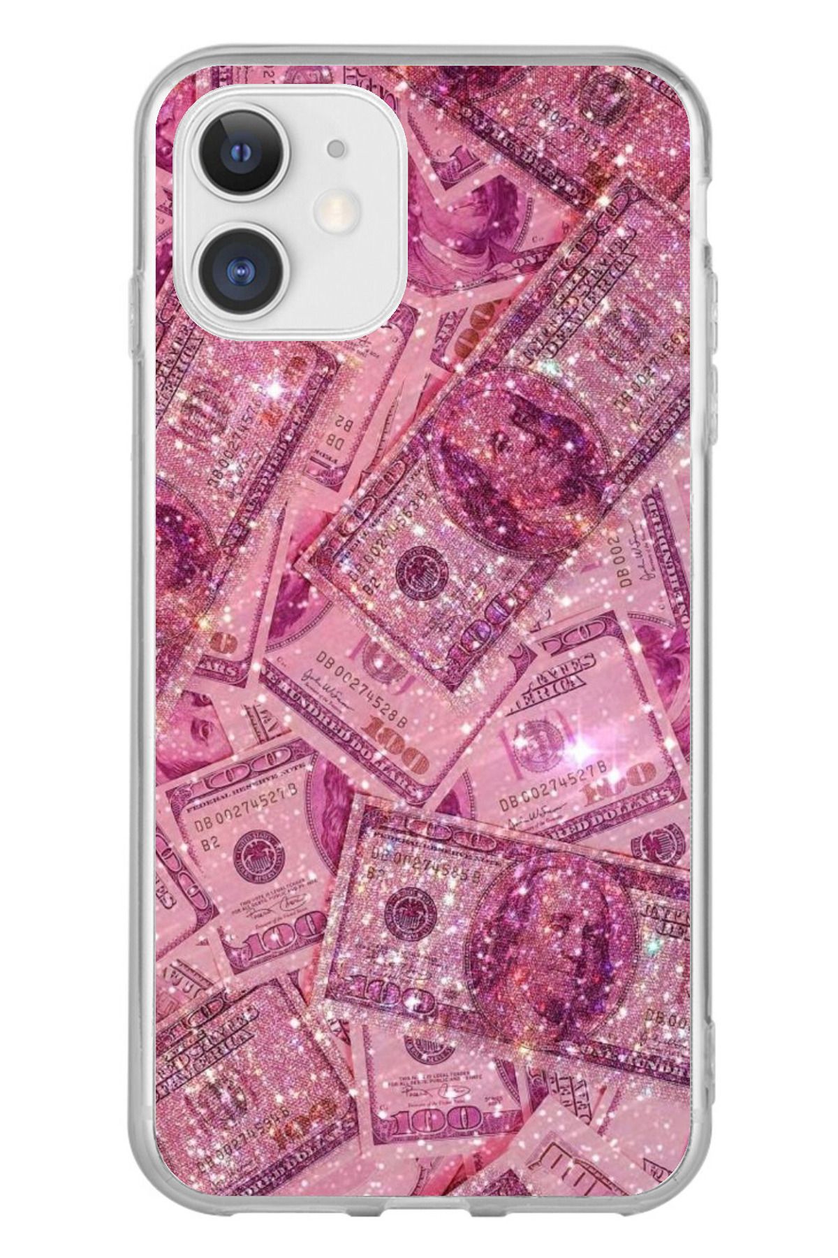 TechTree iPhone 11 Uyumlu Pembe Işıltılı Dolarlar Şeffaf Silikon Kılıf
