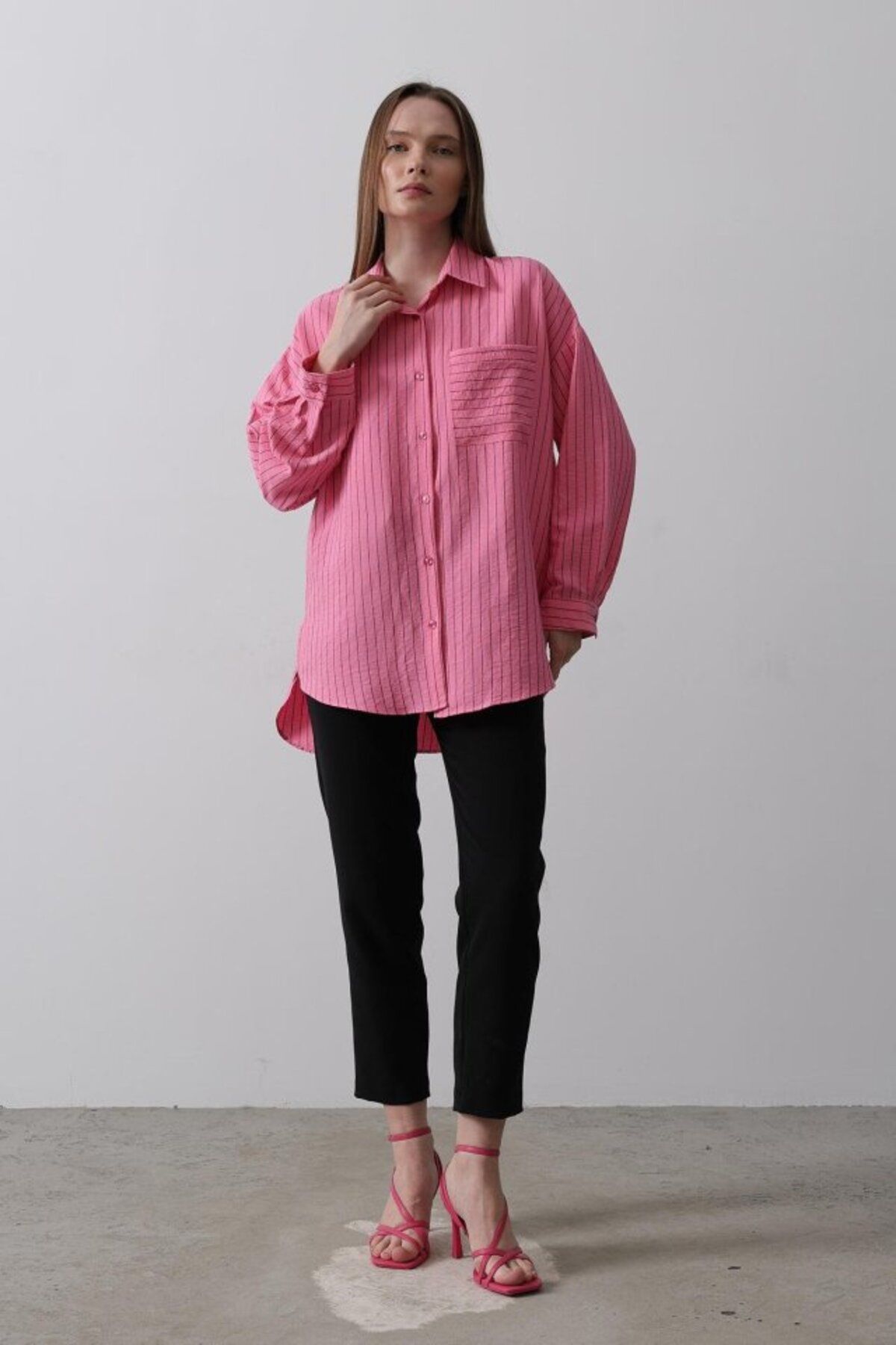 velmorafashion Çizgili Tek Cep Gömlek - Pembe