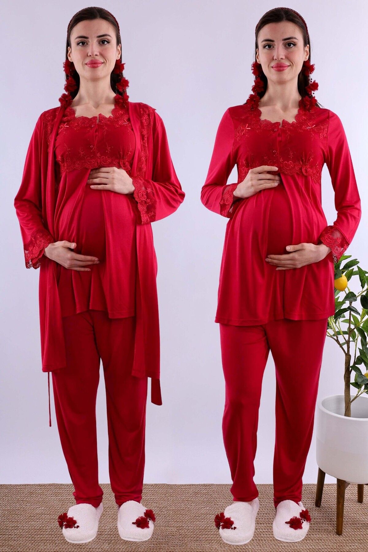 ByLohusa Effortt Vişne Sabahlıklı Hamile Lohusa Pijama Takımı Byl224012
