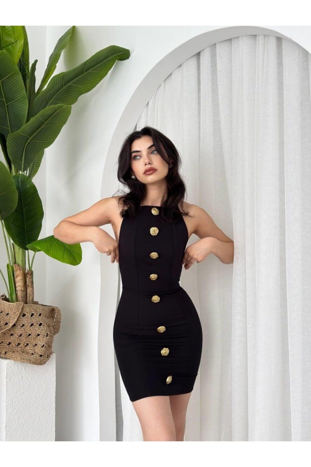 velmorafashion Katalina Gül Düğmeli Elbise