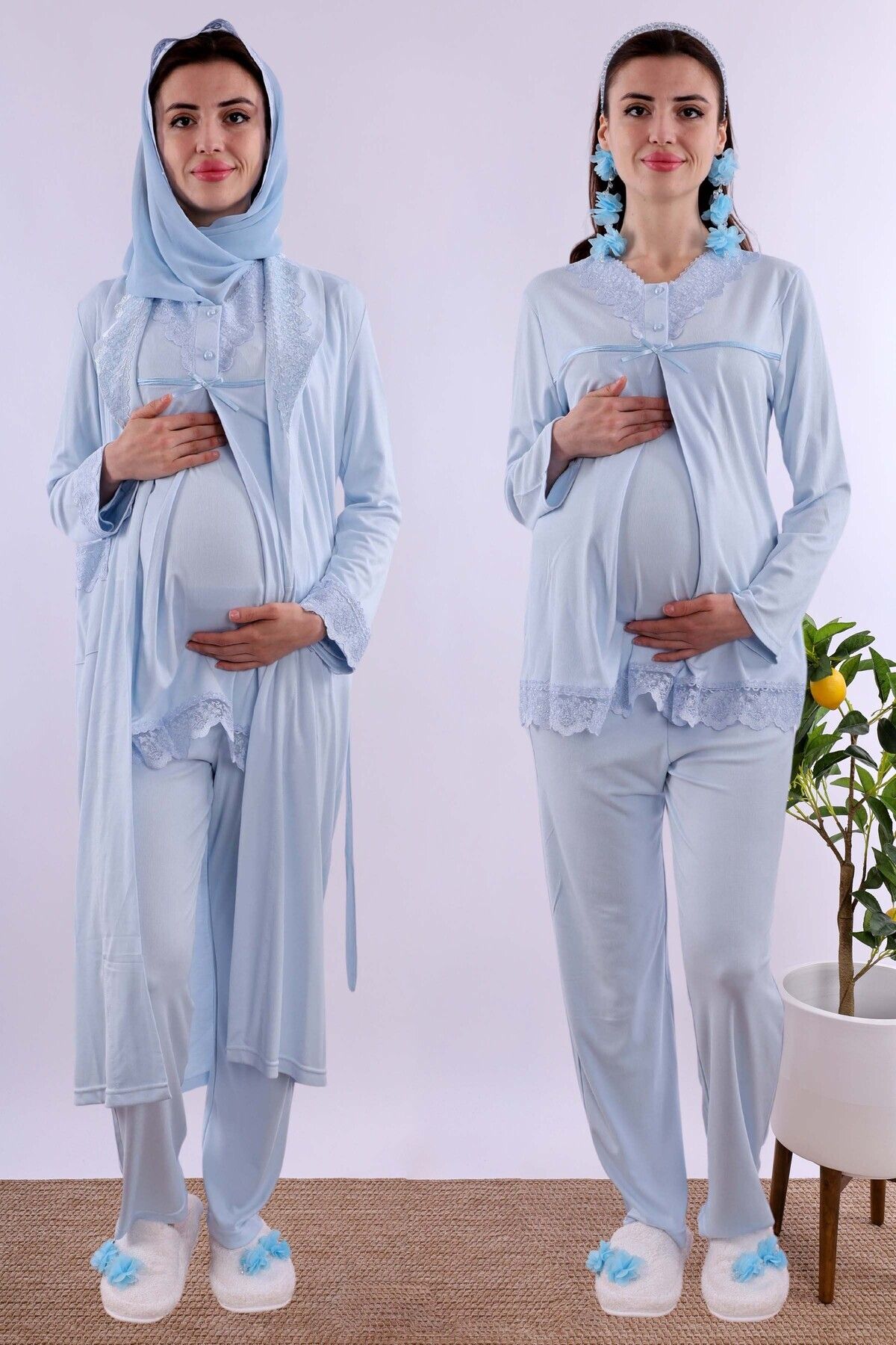 ByLohusa Effortt Mavi Tesettürlü Sabahlıklı Hamile Lohusa Pijama Takımı Byl2t40342