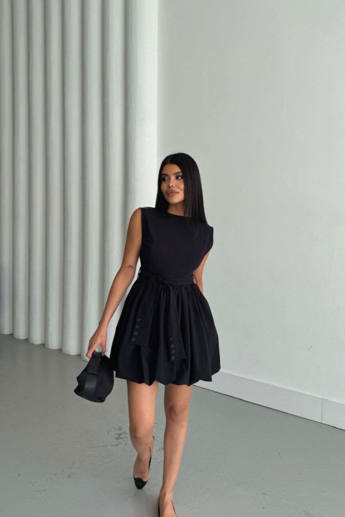 velmorafashion BALON ETEKLİ TASARIM KISA ELBİSE - Siyah