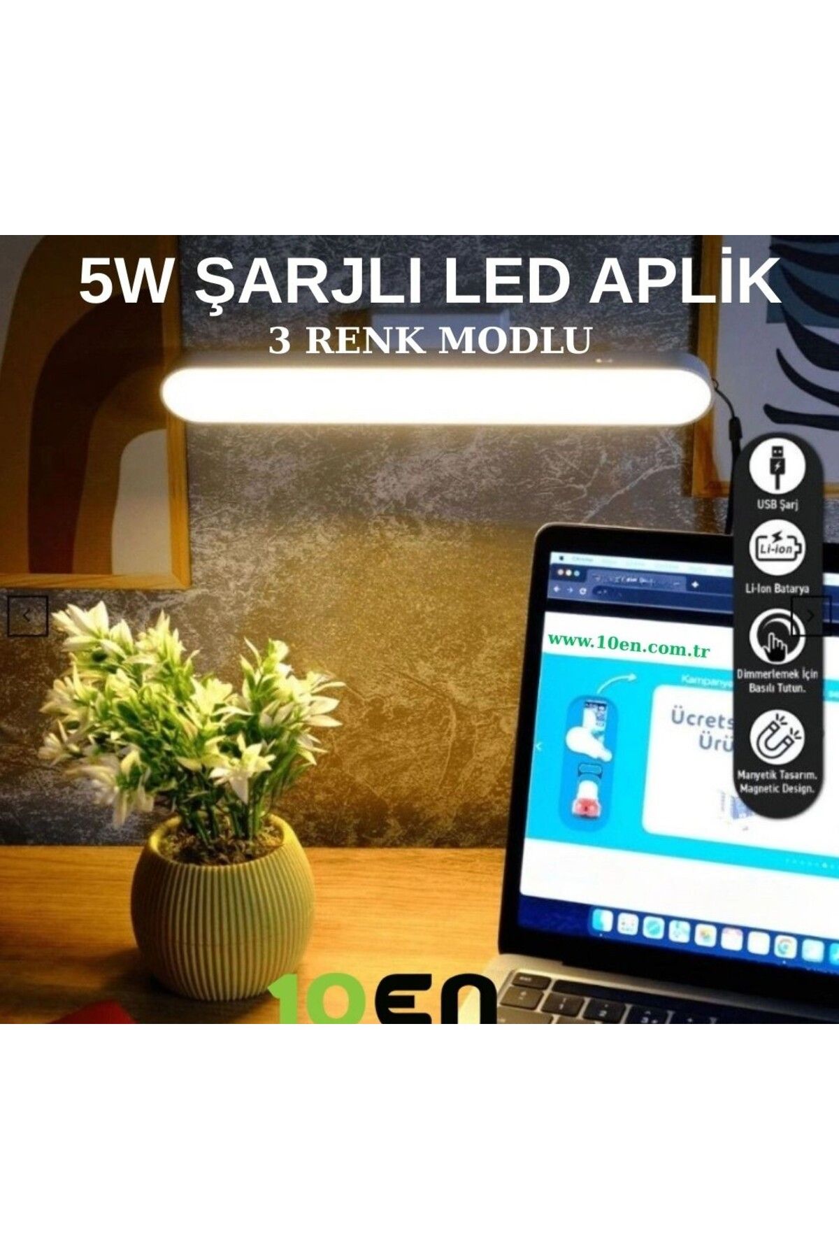 10EN Martı Ledli Aplik Şarjlı Led Işık Mıknatıslı Led Aplik 3 Farklı Işık Beyaz