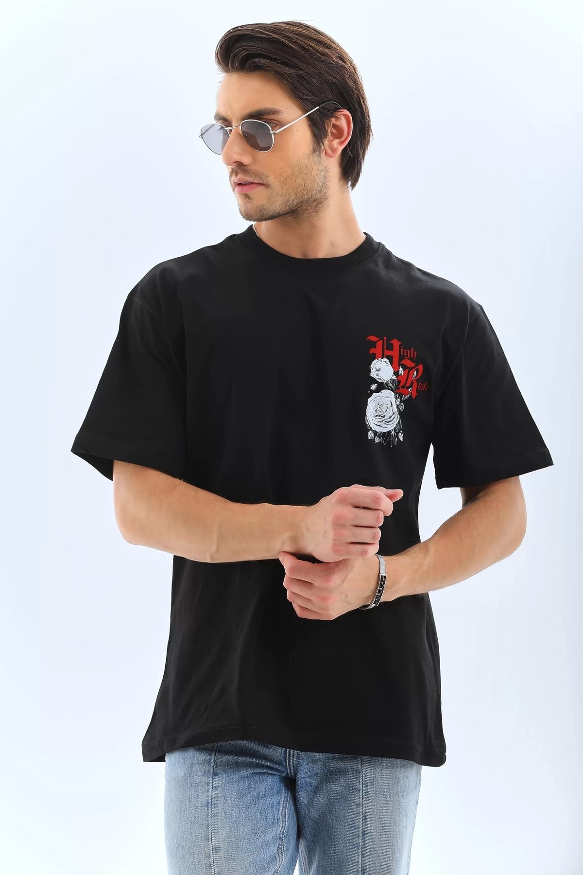 DİAWAYS Unisex Oversize Baskılı Bisiklet Yaka T-Shirt - Siyah