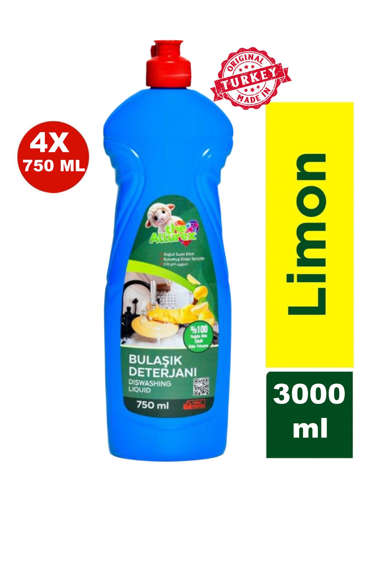 The Allurex Elde Bulaşık Deterjanı Üç Etkili Güç Limon 750ml - Yağ Çözücü Ve Ferah Limon Kokusu 4lü