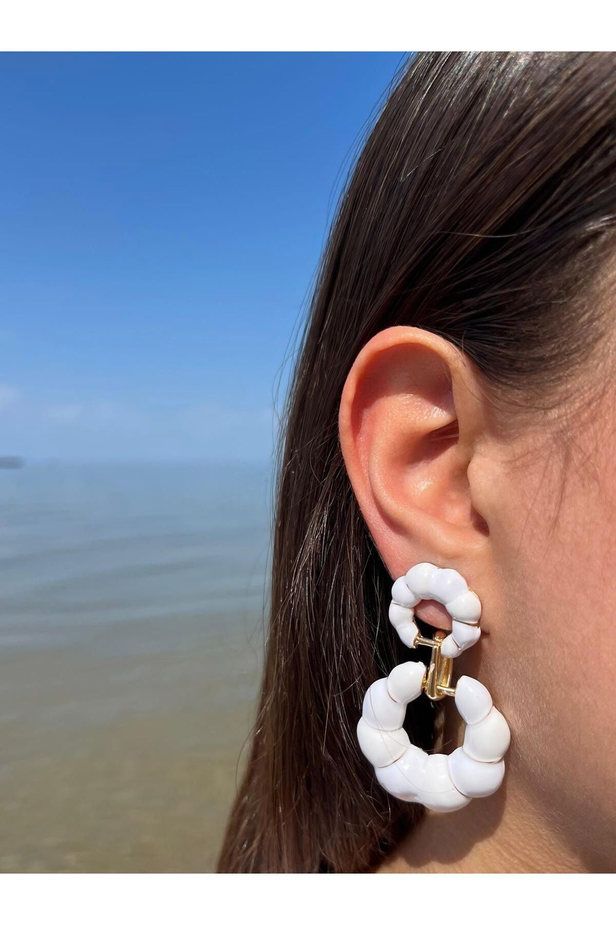 Zerys Jewelry Tasarım Model Beyaz Çift Katlı Sallantılı Küpe
