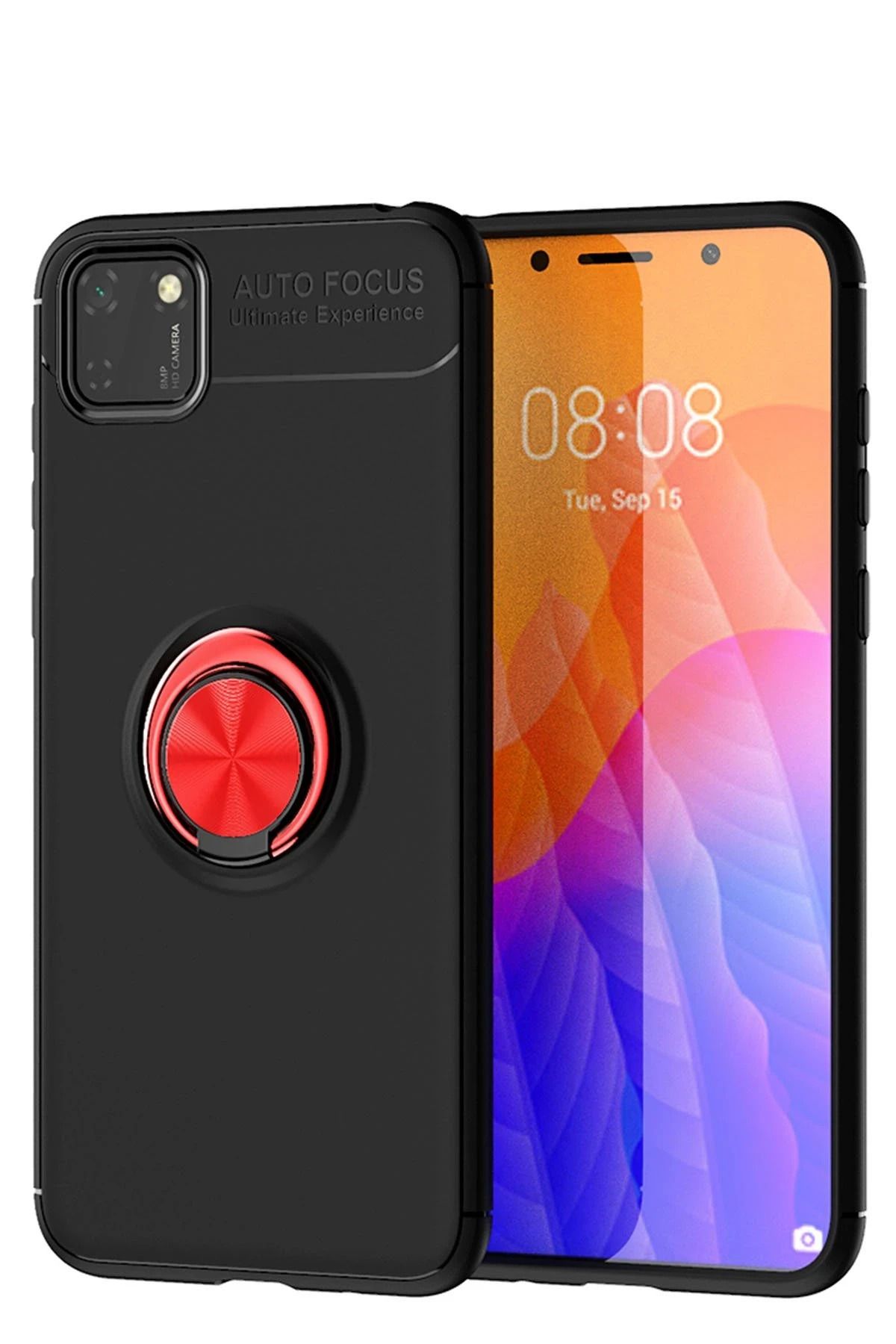 NewFace Huawei Y5P Kılıf Range Yüzüklü Silikon - Siyah-Kırmızı YNSMR