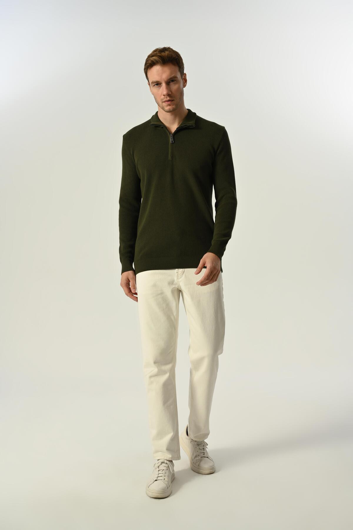 MFY Fashion-Men's Half Zipper Thessaloniki Knitted Sweater 100% Cotton Khaki 7